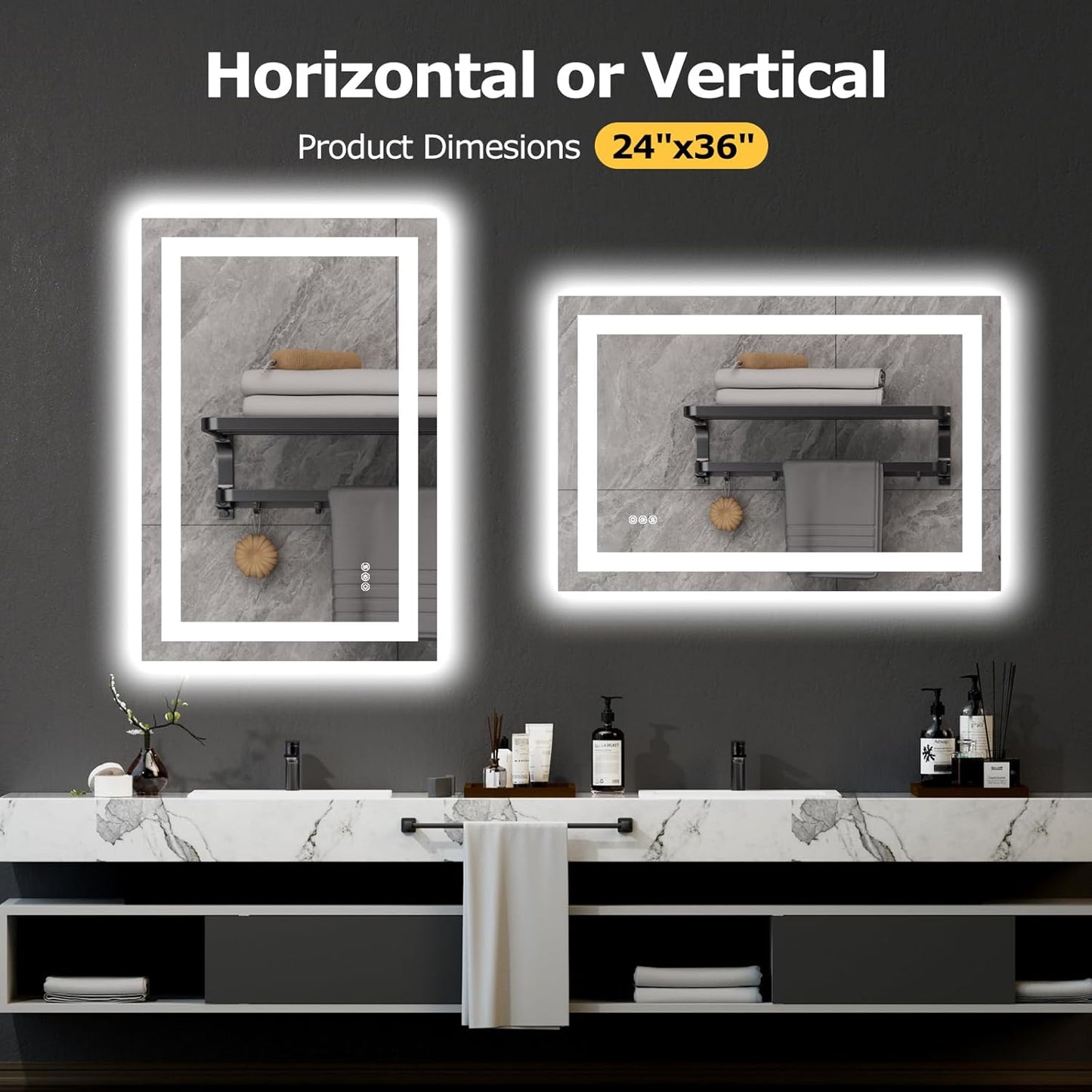 24X36 LED Bathroom Mirror with Lights, Anti-Fog, Dimmable, Backlit + Front Lit, Smart Bathroom Vanity Mirror, Memory Function, Shatterproof, Tempered Glass (Horizontal/Vertical)