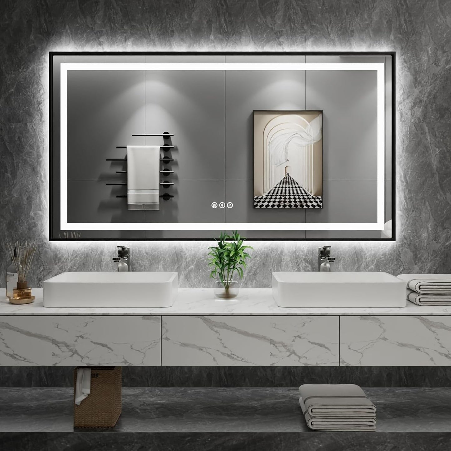 Amorho 55" X36" LED Bathroom Mirror Black Framed, Front Light and Backlit, Stepless Dimmable, Anti-Fog, Shatter-Proof, Memory, 3 Colors, Double LED Vanity Mirror