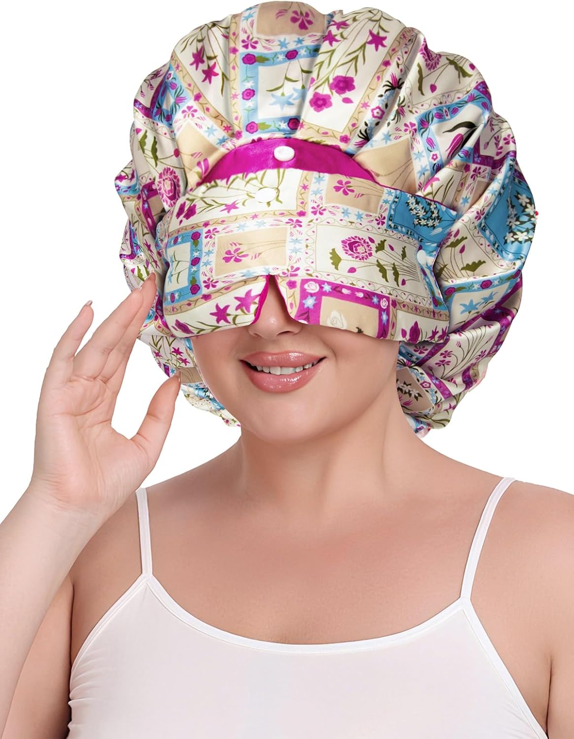 Pleated Silk Sleeping Bonnet with Eye Mask Double Layer Satin Hair Bonnets Sleep Cap for Curly Natural Hair