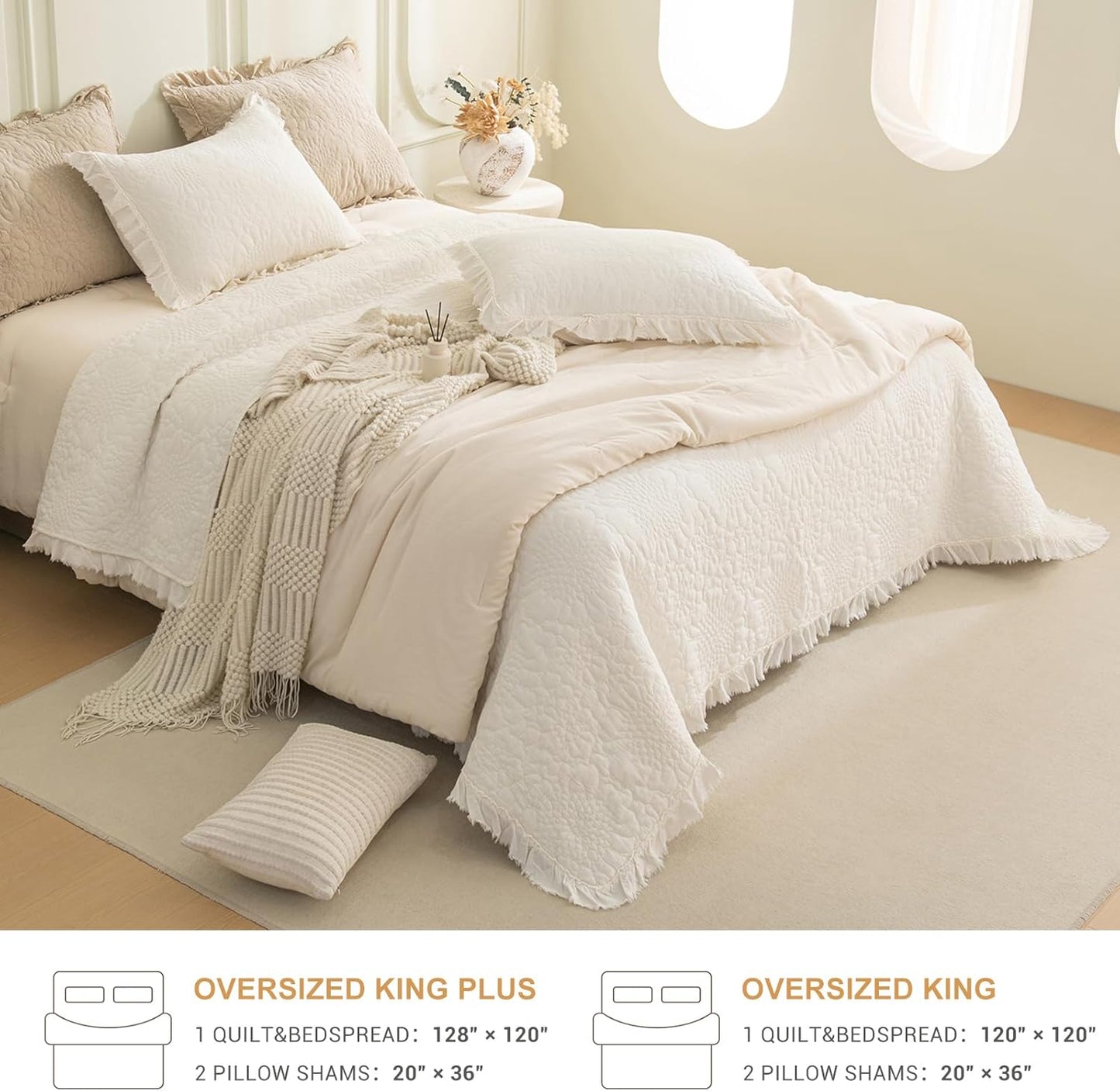 QSH Milk White Stonewashed Cotton Oversized King Quilt Bedspread Set(128"x120"),3PCs Farmhouse Ruffled Bedspread California King, Soft Lightweight Shabby Crinkled Quilt Coverlet Bed with Pillow Shams