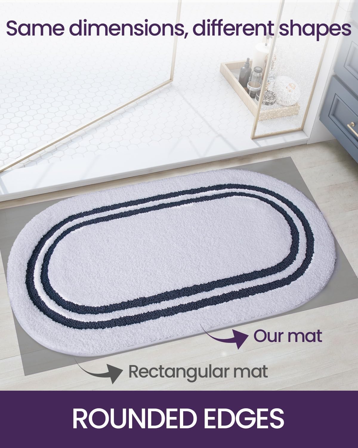 DEXI Oval Bath Mats for Bathroom, 24x43 Absorbent Bath Mat, Washable Microfiber Bathroom Rug with Non Slip Backing for Shower Floor, Navy