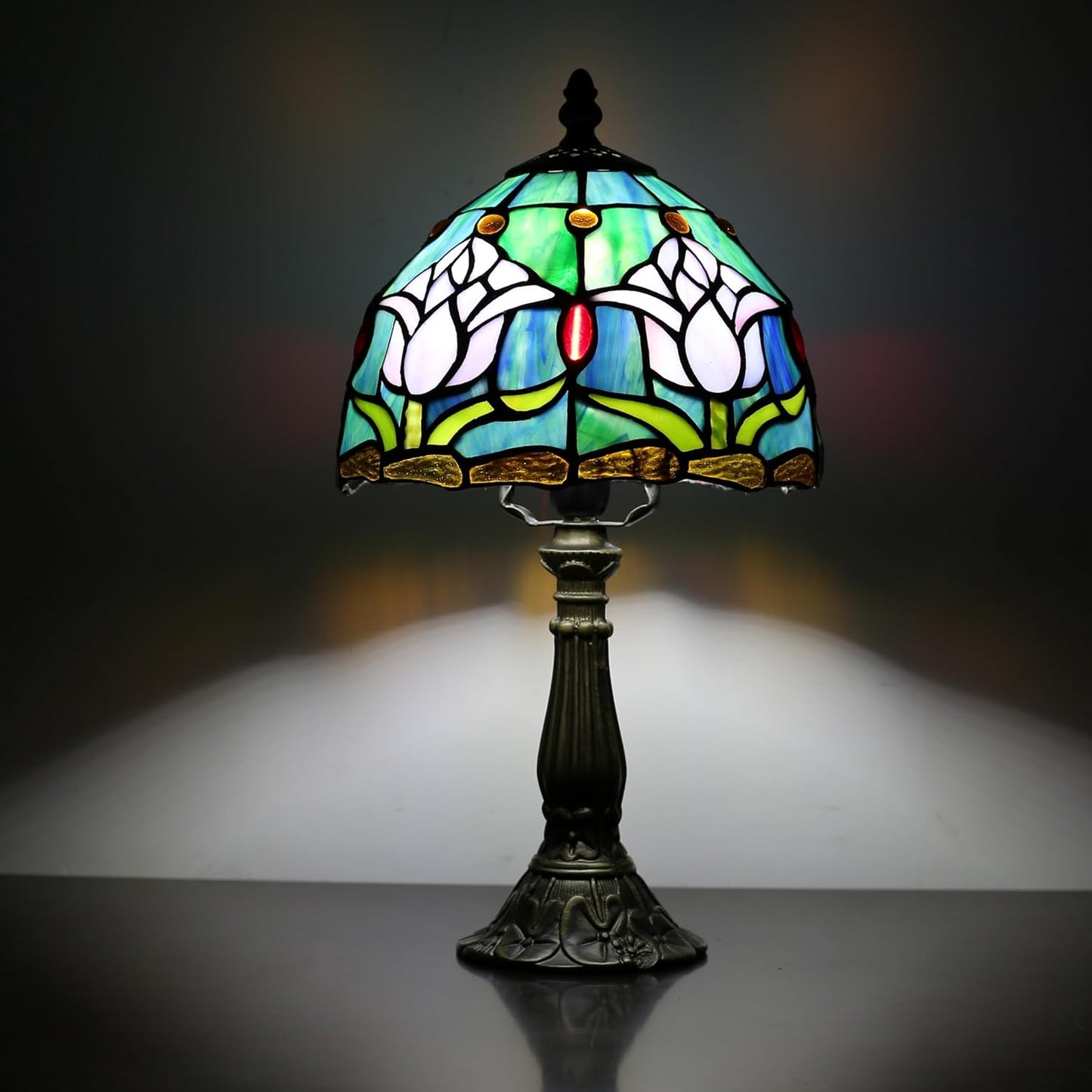 Tiffany Small Table Lamp for Bedroom Bedside Nightstand Table Lamps for Living Room 3 Way Color Temperatures Stained Glass Table Lamp 8X8X15 Inch Home Office Reading Desk Lamp (Pink Tulips)