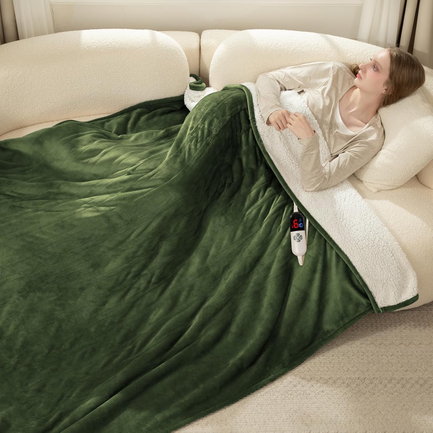 Electric Blanket Full Size Fast Heating- 72 x 84 Inch Heated Blanket Full with 6 Heat Settings, 10 Hours Timer Settings, Overheat Protection, Washable Heating Blanket for Bed Couch, Green