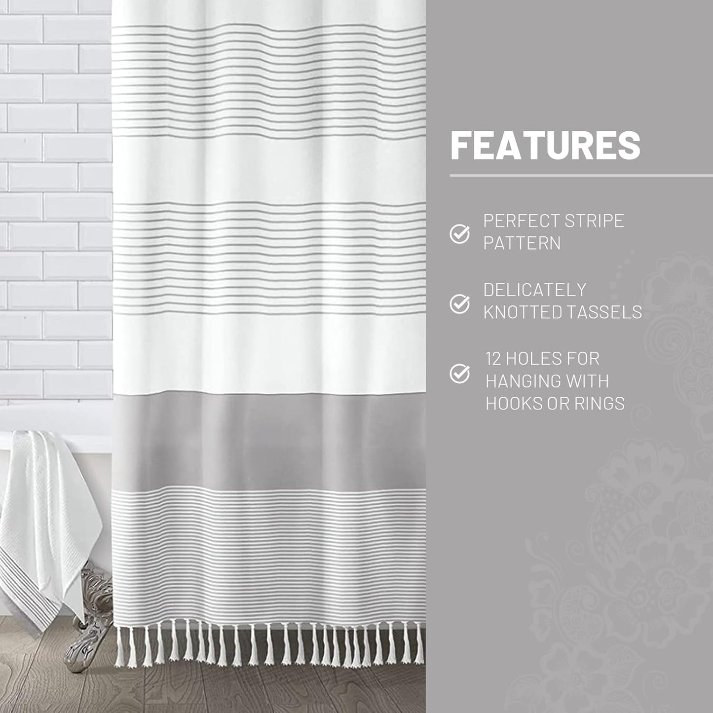 Awellife Boho Gray Shower Curtain for Bathroom Stripe Tassel Shower Curtain 72 X 72 Inches Farmhouse Cotton Grey