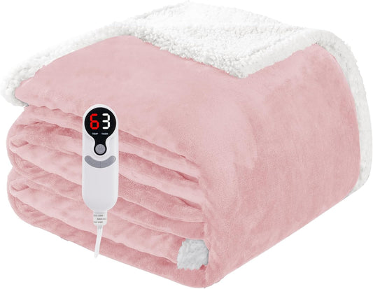 Electric Heated Blanket Twin Size 62"x84", Soft Flannel with Overheat Protection, 6 Adjustable Heat Settings & 10-Hour Auto-Off Timer, Fast Heating for Winter Comfort, Pink