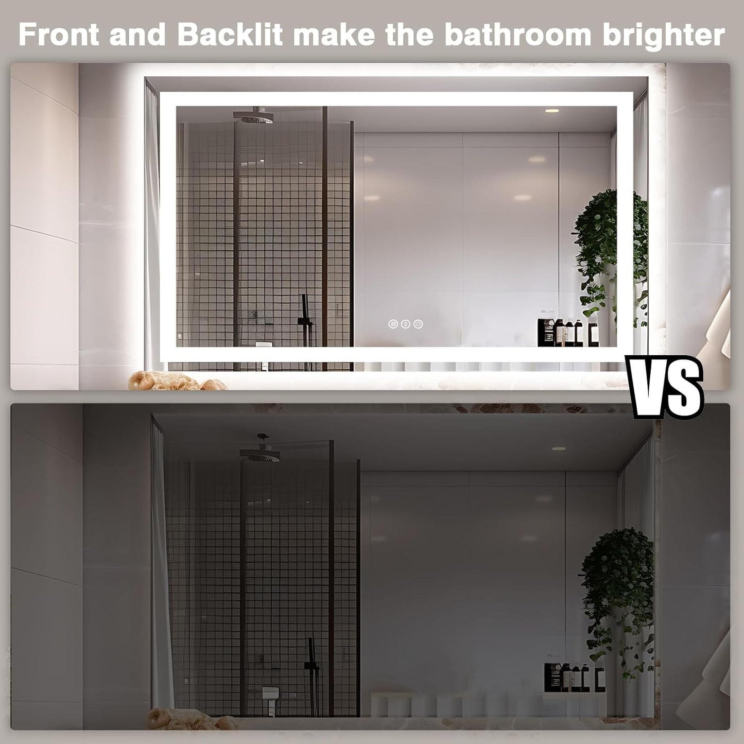 60"x40" LED Mirror for Bathroom, Front and Backlit, Anti-Fog Vanity Mirror with Lights, Stepless Dimmable Lit, 3 Colors Smart Mirror (Horizontal/Vertical)