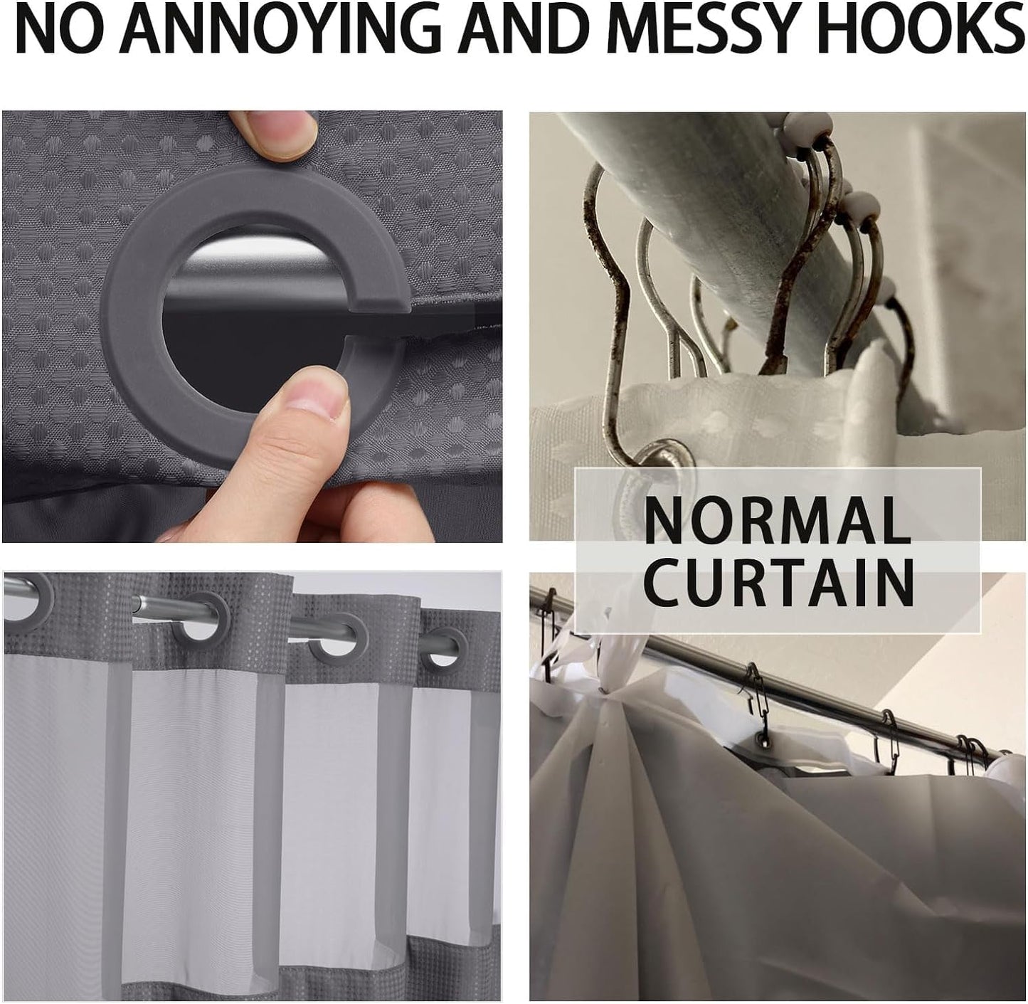 YellyHommy No Hook Shower Curtain with Snap in Liner Set Less Waffle Shower Curtain for Bathroom (Dark Grey, 87" L x 72" W)