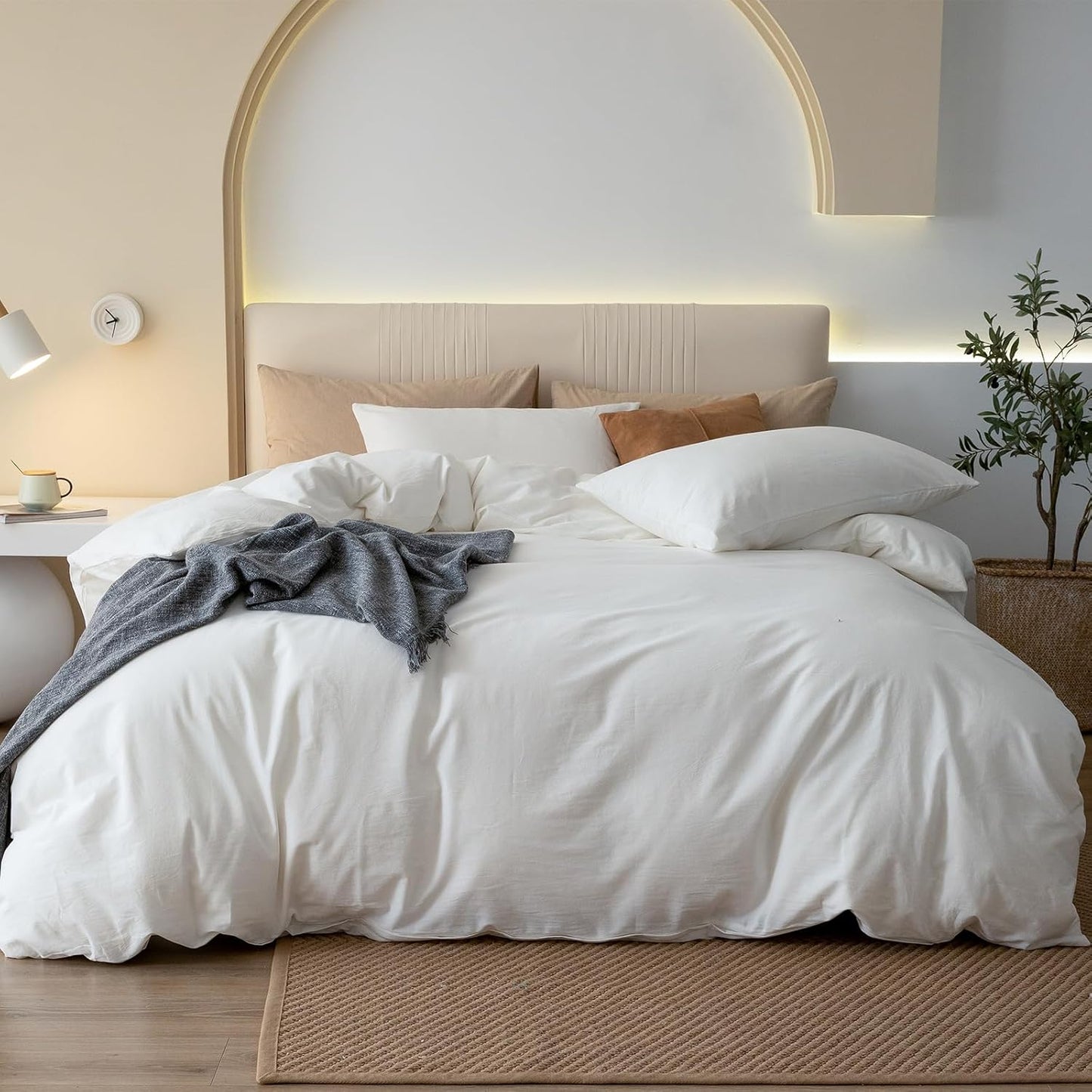 JIYUAN 100% Washed Cotton Duvet Cover Set 3 PCS Oversized King Plus, 1 Duvet Cover 128"x120"(Comforter Not Included) and 2 Pillowcases,Linen Feel Bedding Set Comfy and Breathable,Off White