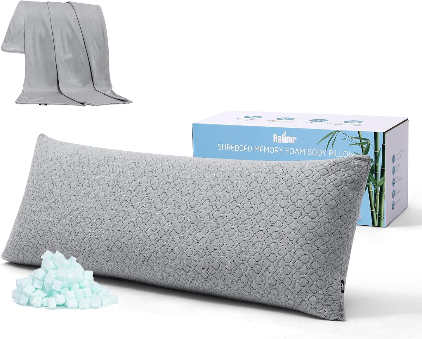 Thick Memory Foam Body Pillow - Full Body Pillows for Side Sleeper - with Grey Cooling Pillowcase 20 x 54 inches (Grey Color)