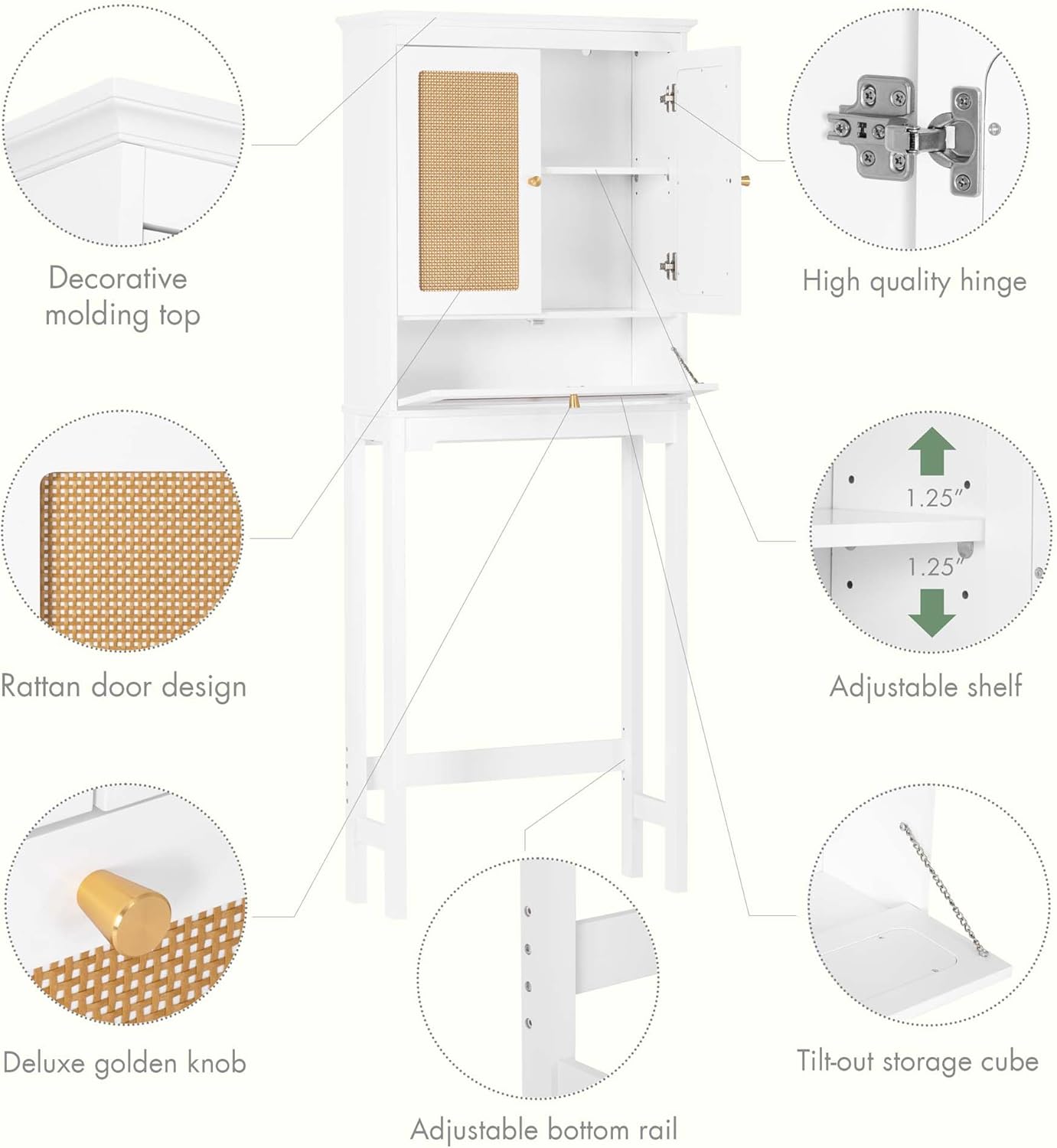 Spirich Over The Toilet Storage Cabinet with Rattan Doors, Over Toilet Bathroom Organizer with Tilt-Out Cube and Adjustable Shelf