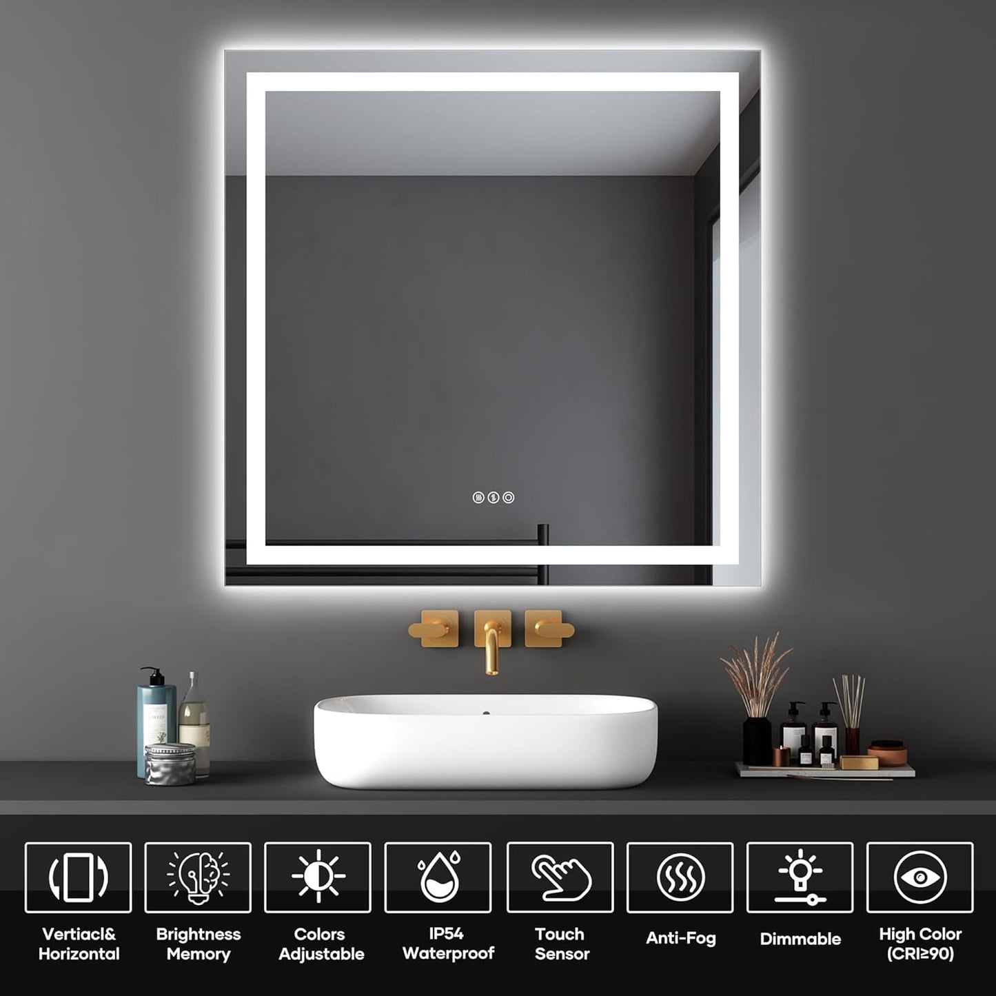 LED Bathroom Mirror with Lights, 36×36Inch Front and Backlit Led Mirror for Bathroom, 3 Colors Dimmable, Defogging, Memory Function, Shatterproof, Tempered Glass, Horizontal/Vertical, UL Listed