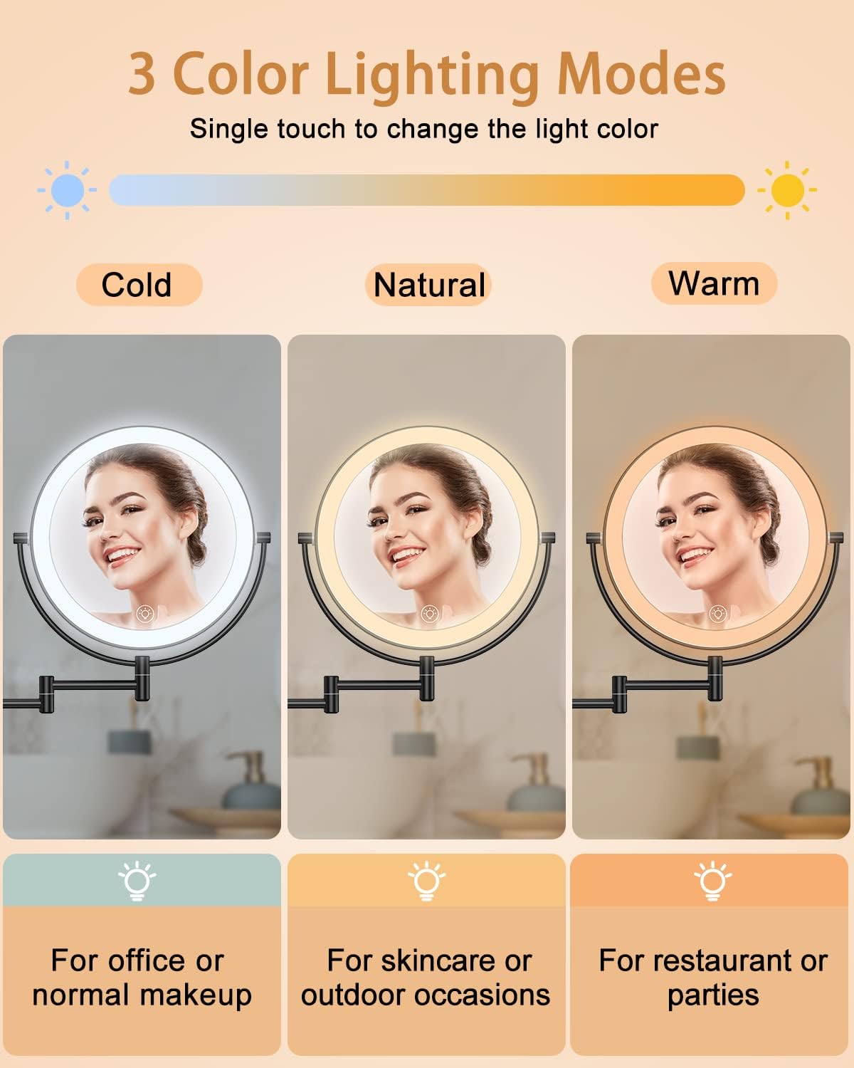 Benbilry 9" Large Wall Mounted Lighted Makeup Mirror, 1X/10X Magnifying Double-Sided AC Pulg-in Powered Bathroom Mirror with 3 Color Lights, Touch Dimmable, Extended Arm 360 Rotation, Black
