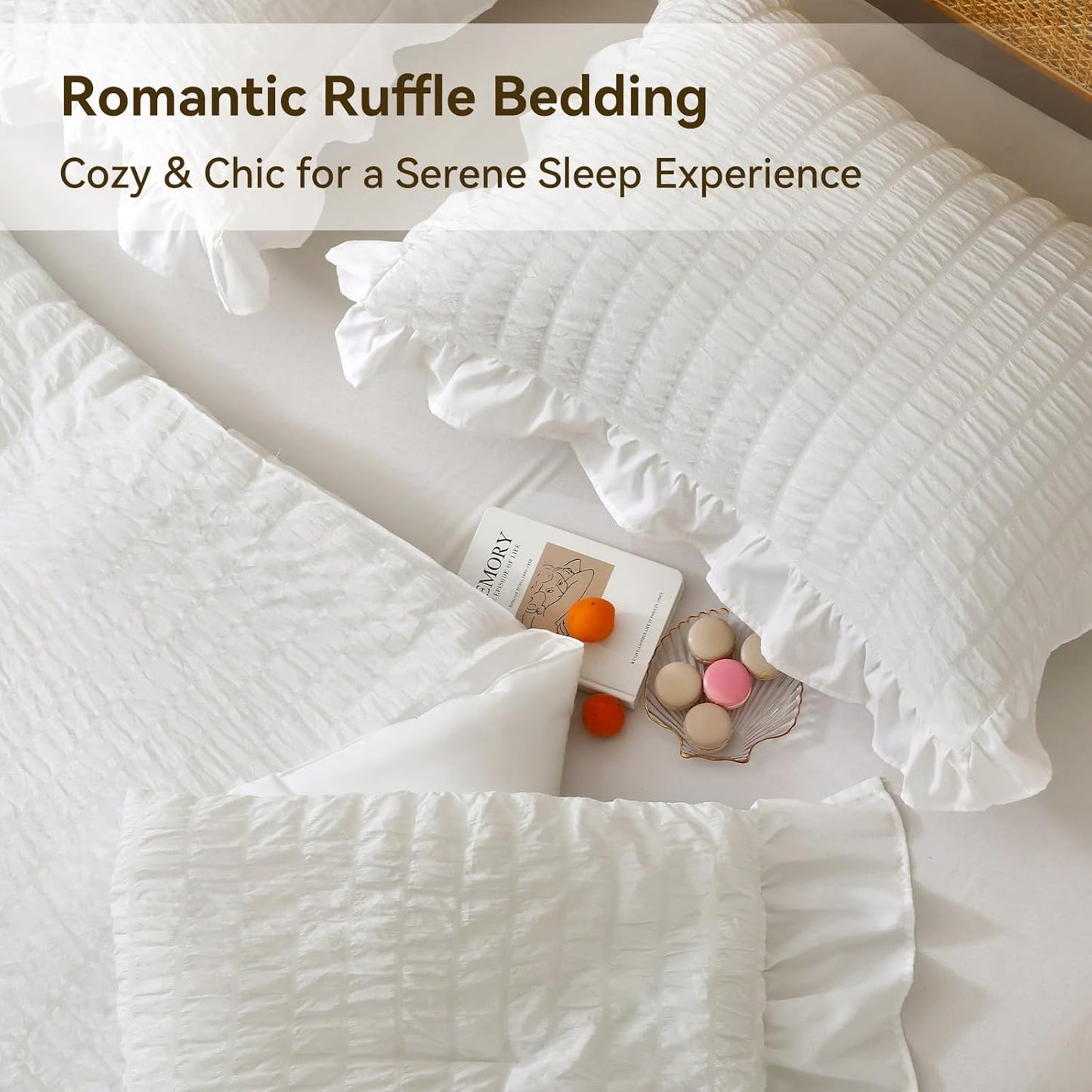 JOLLYVOGUE White King Comforter Set, 3 Pieces Seersucker Comforters King Size, Lightweight & Fluffy Bedding Sets King for All Season with 1 Ruffle Comforter and 2 Ruffle Pillowshams