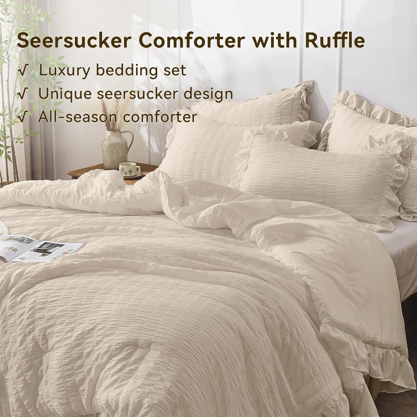 JOLLYVOGUE Beige Comforter Full Size, 3 Pieces Seersucker Lightweight Full Size Bedding, All Season Fluffy Microfiber Bedding Comforter Set with 1 Ruffle Comforter and 2 Ruffle Pillowshams