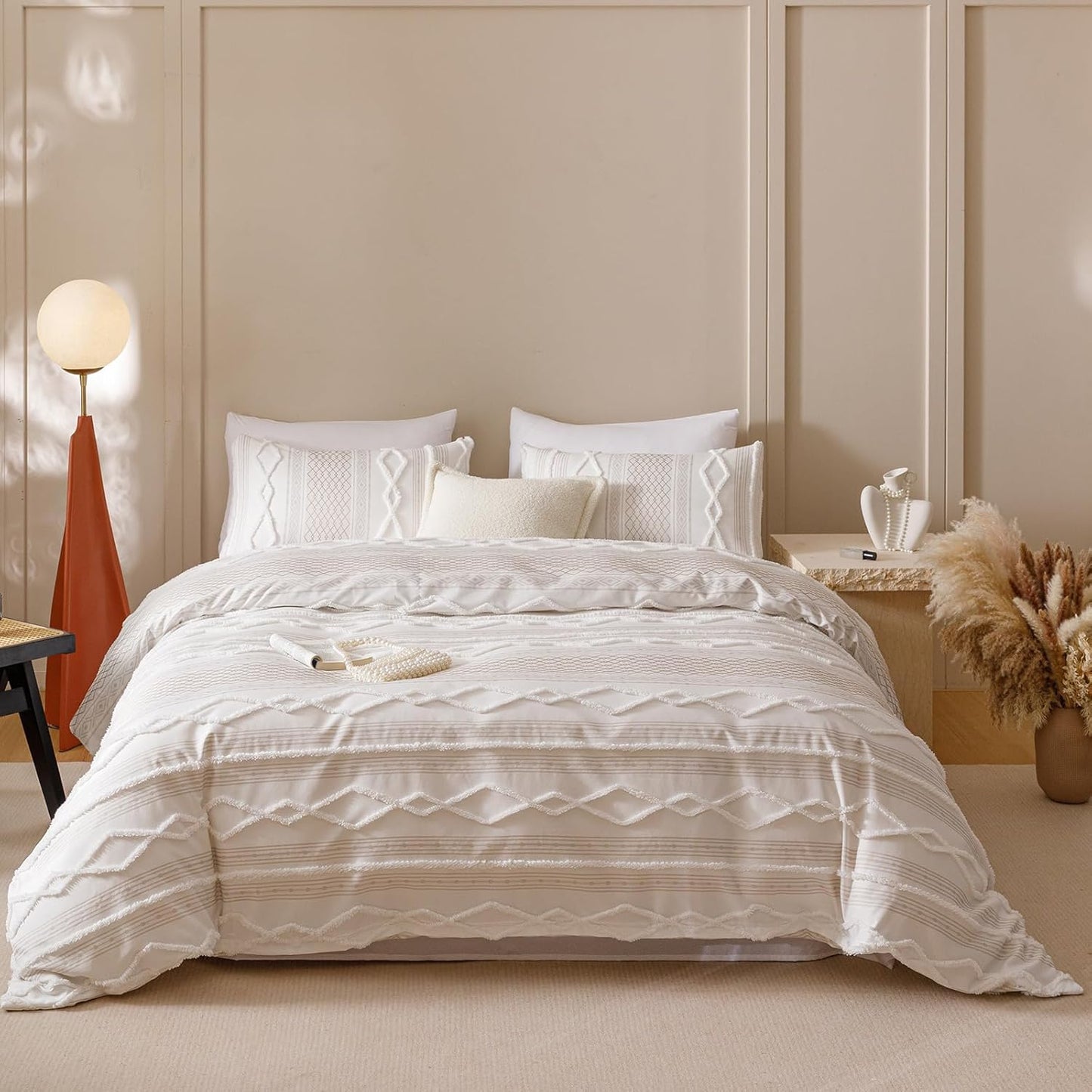 KAREVER Ivory Boho Comforter Set Cal King Mixed Textures Jacquard Bedding Set Durable Chic and Stylish Bedroom Set