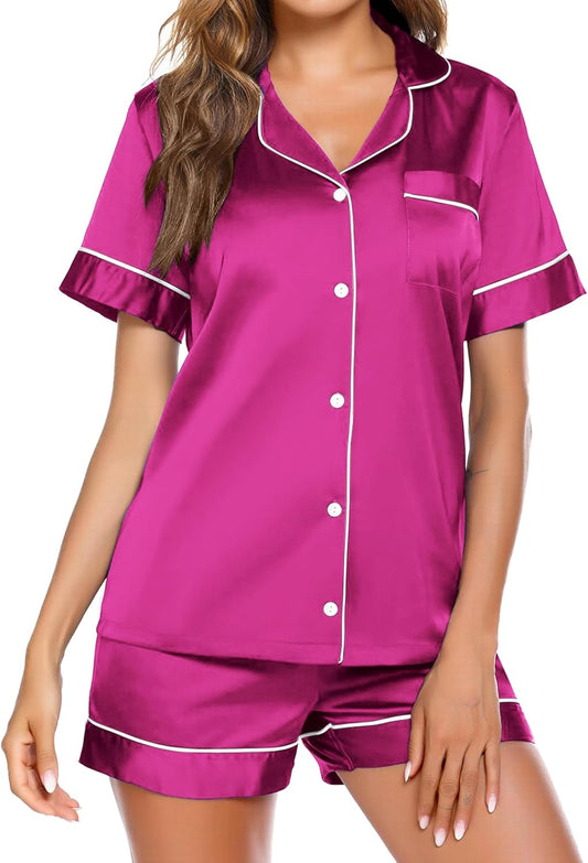 Ekouaer Pajamas for Women Set Silk Satin Pjs Shorts Sleepwear 2 Piece Loungewear S-XXL