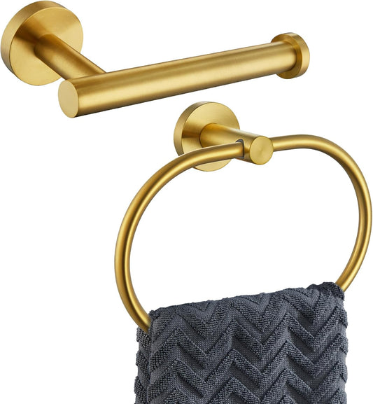 APLusee 2 Pieces Bathroom Hardware Set Brushed Gold, Contemporary 304 Stainless Steel Storage Accessories Kit with Oval Hand Towel Ring, Toilet Paper Holder Wall Mounted
