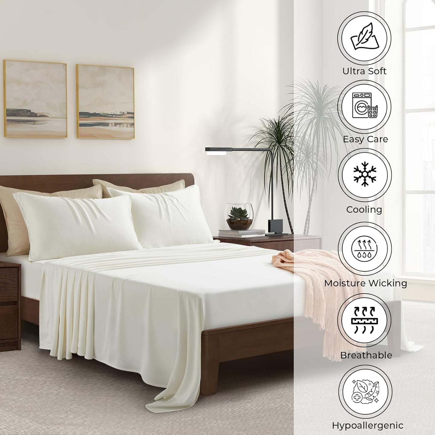 Luxury Bamboo Market | King Size Bed Sheet Set | 100% Viscose Made from Bamboo | Organically Grown | Ultra Soft | Cooling Sheets for Hot Sleepers | 17" Deep Pocket [Opulent Ivory]