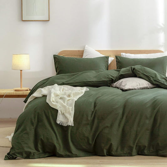 BESTOUCH Duvet Cover Set 100% Washed Cotton Linen Feel Super Soft Comfortable Chic Lightweight 3 PCs Home Bedding Set Solid Olive Green Super Queen