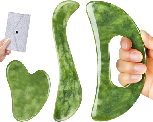 3 in 1 Jade Stone Gua Sha Massage Tool, Large Guasha Muscle Scraper Tools Set with Handle Muscle Scraping Massage Tools Anti Cellulite Spa Acupuncture Tools for Back Neck Leg Lymphatic Drainage