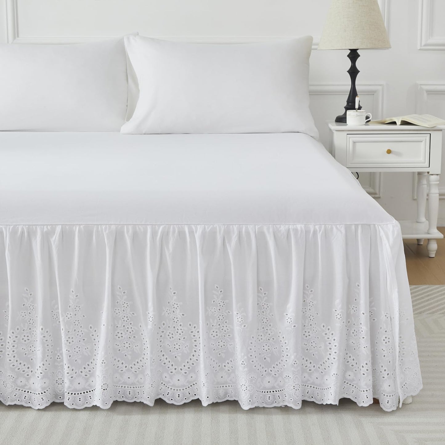 Brandream White Eyelet Bed Skirt Queen Size 100% Cotton Ruffled Dust Ruffle Bed Skirt 18 Inch Drop with Embroidered Floral Design Queen Size Beds