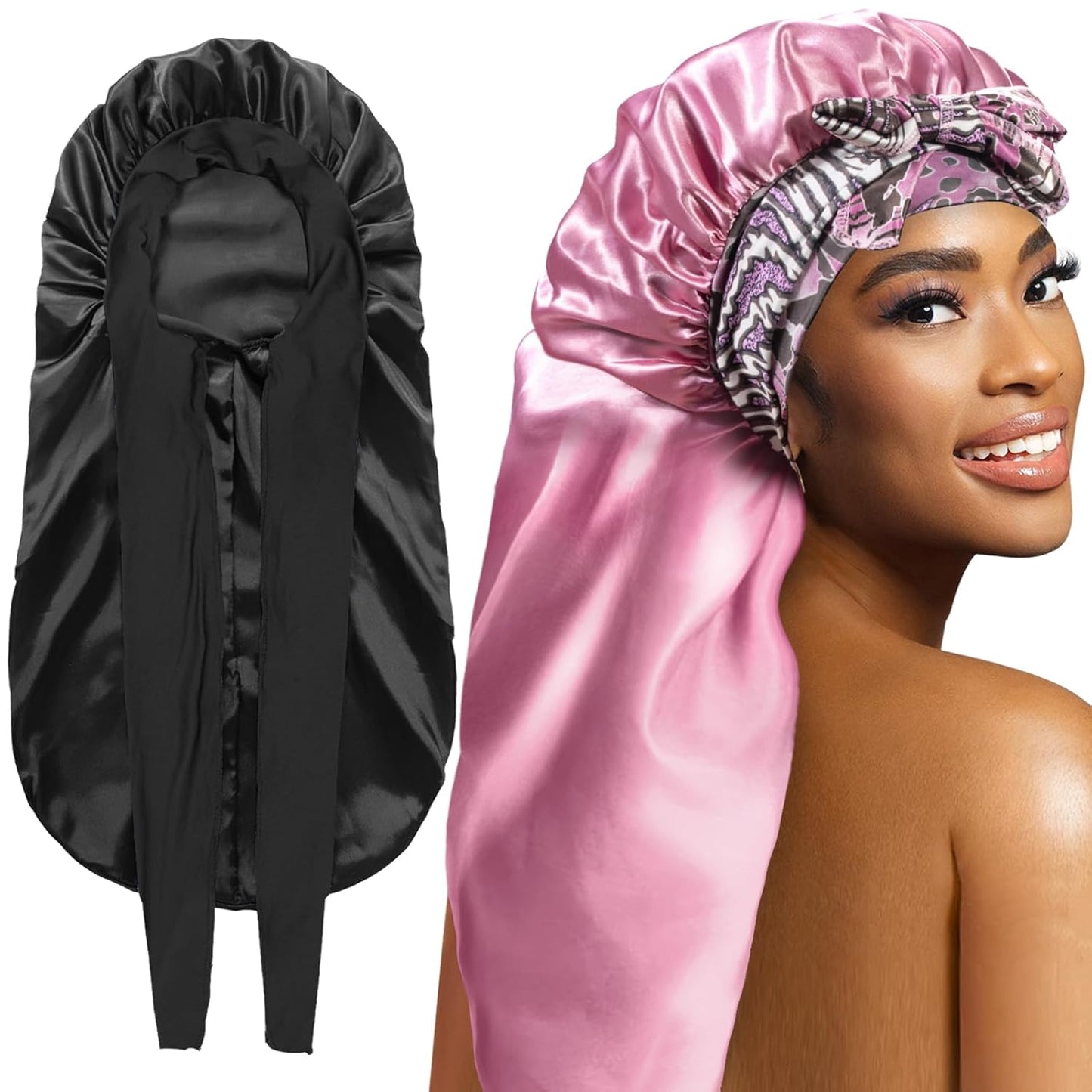 2Pcs Bonnets for Black Women Braid Bonnet, Large Long Satin Silk Bonnet for Braids,Black Women Braid Bonnet with Stretchy Tie Band for Sleeping Extra Long (Black & Pink Pattern)