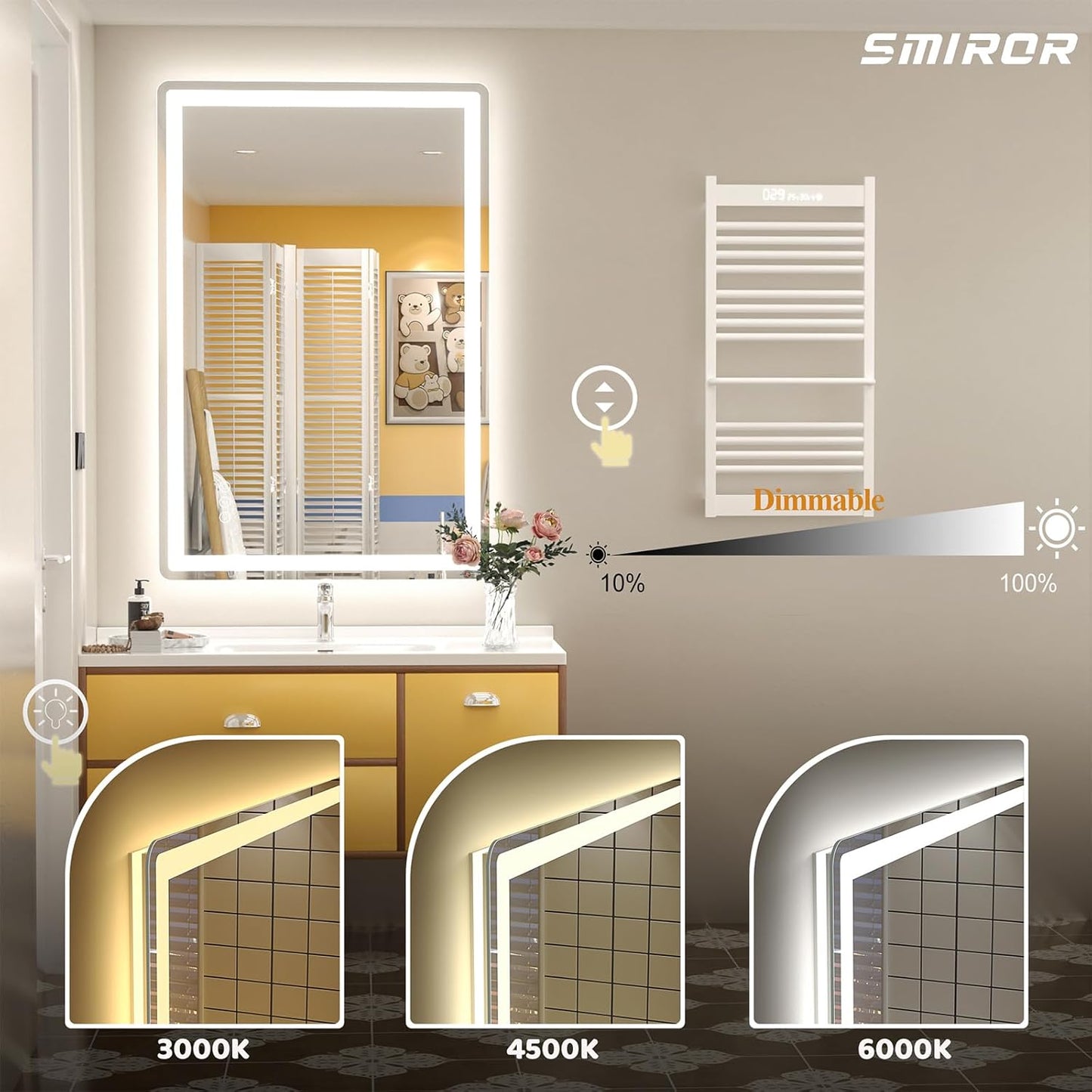 SMIROR LED Bathroom Mirror with Lights 28"x 36", Rounded Rectangle Lighted Vanity Mirror for Wall, Front Lit and Backlit, 3 Colors, Dimmable, Anti-Fog, Tempered Glass (Horizontally/Vertically)