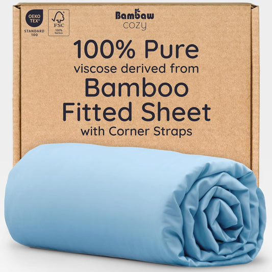 Bambaw 100% Viscose Derived from Bamboo Fitted Sheet, 16’’ Pocket King Bed Fitted Sheet Only, Cooling Fitted Sheets King Size, Breathable & Soft King Size Fitted Sheet with Corner Straps (Dream Blue)