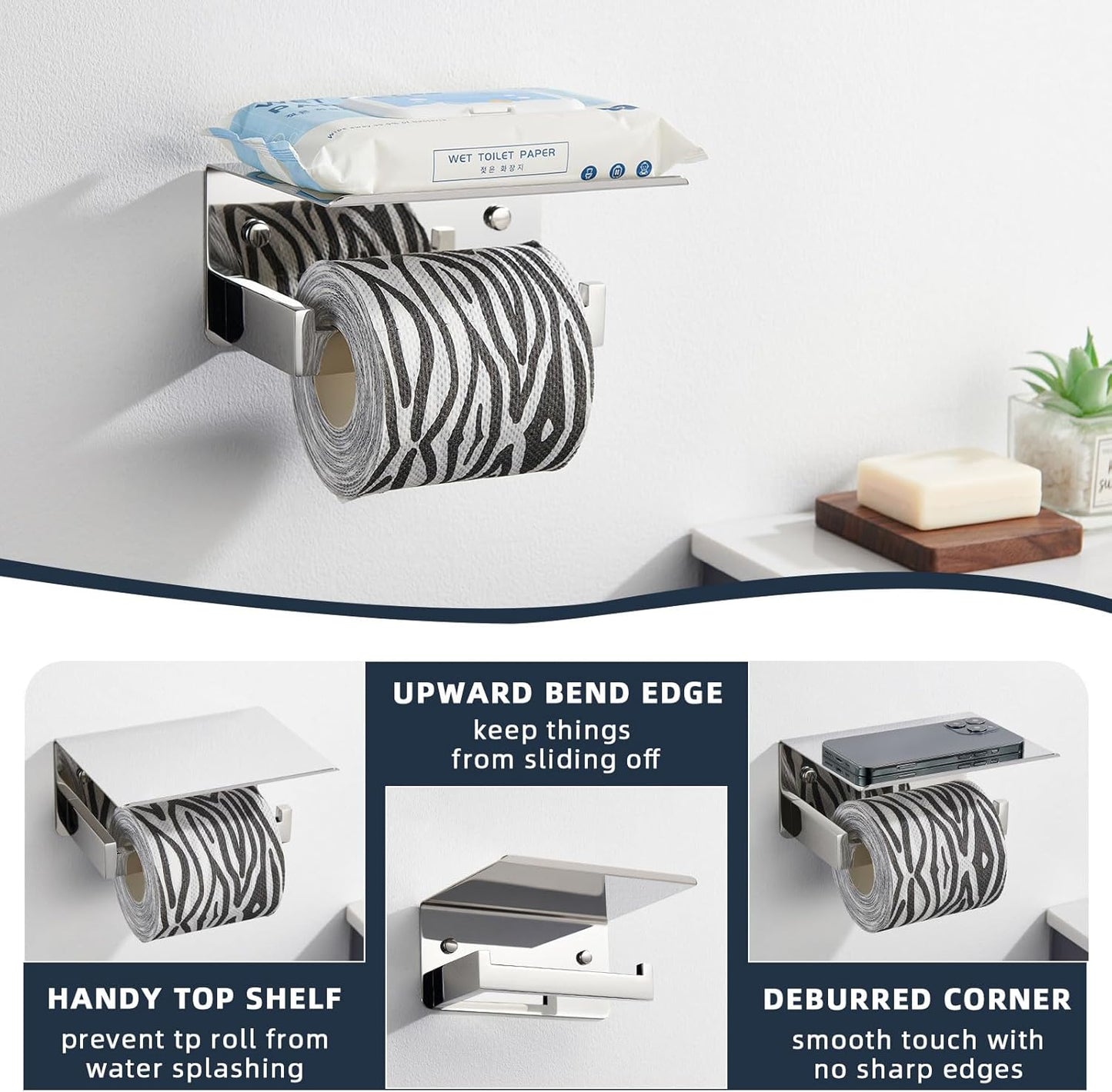 Angle Simple Toilet Paper Holder with Shelf Polished Chrome, 304 Stainless Steel Toilet Tissue Roll Holder Wall Mount