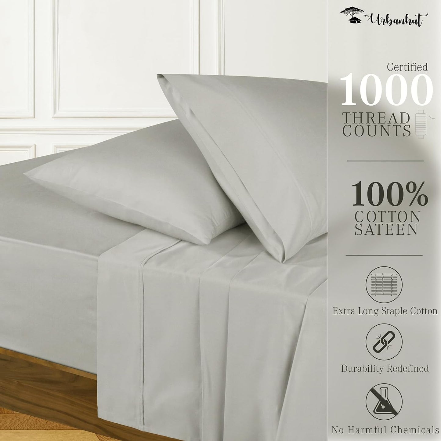 URBANHUT 1000 Thread Count Egyptian Cotton Sheets King Size, Breathable Long Staple, 4 Pc Bed Sheet Sets, Luxury Hotel Sateen Sheets Fits 16" Deep Pocket - Silver Grey