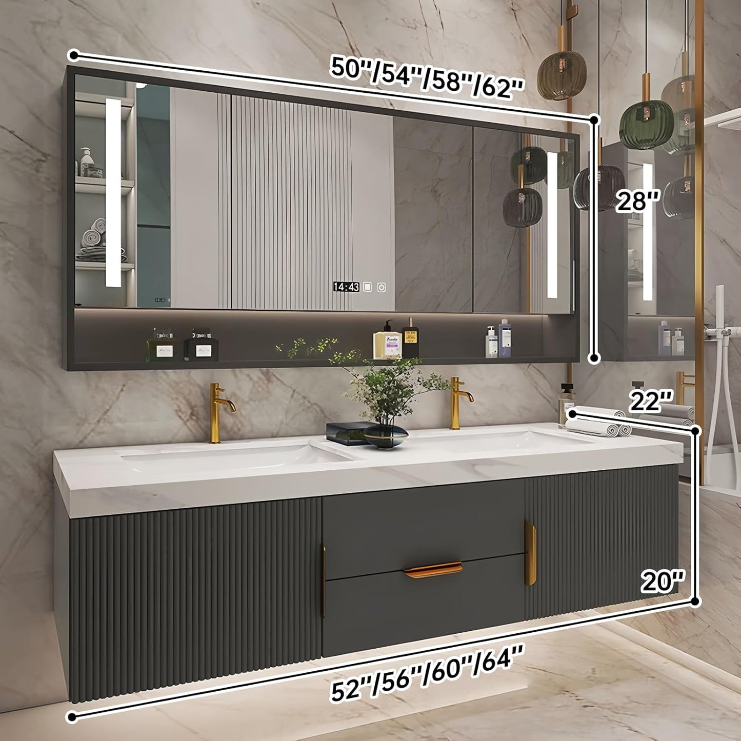 Bathroom Vanity with Double Sink, Modern Bathroom Vanities Compo Includes LED Smart Defogging Mirror Cabinet and Open Shelf, Solid Wood Bathroom Sink Vanity with Slate Countertop (Dark Grey,52")