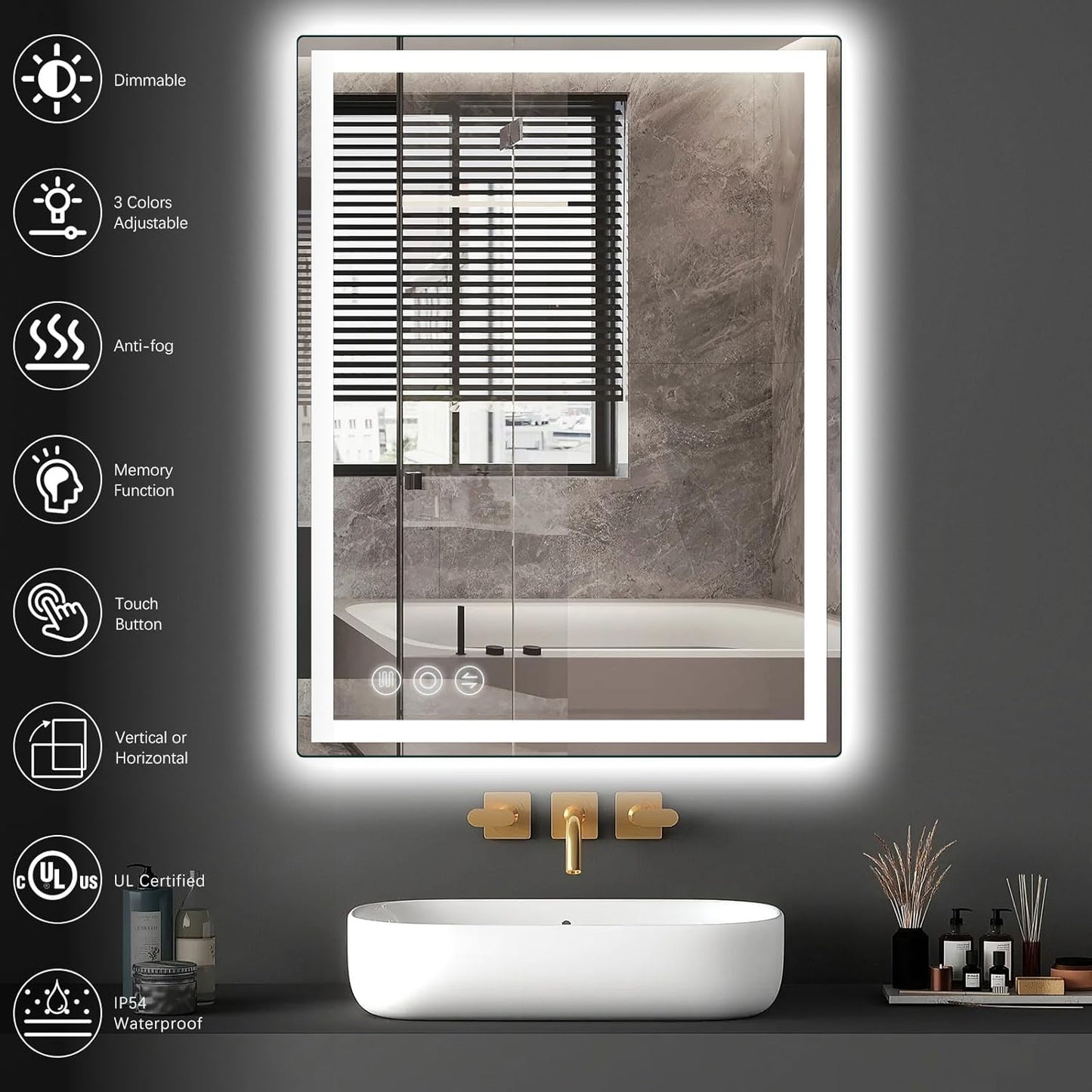 24"x 36" LED Bathroom Mirror with Stepless Dimmable Wall Mirrors with Anti-Fog, Dimmable CRI>90, Vanity Mirror with 3 Color Modes, Shatter-Proof, Memory Bathroom Mirror with LED Lights