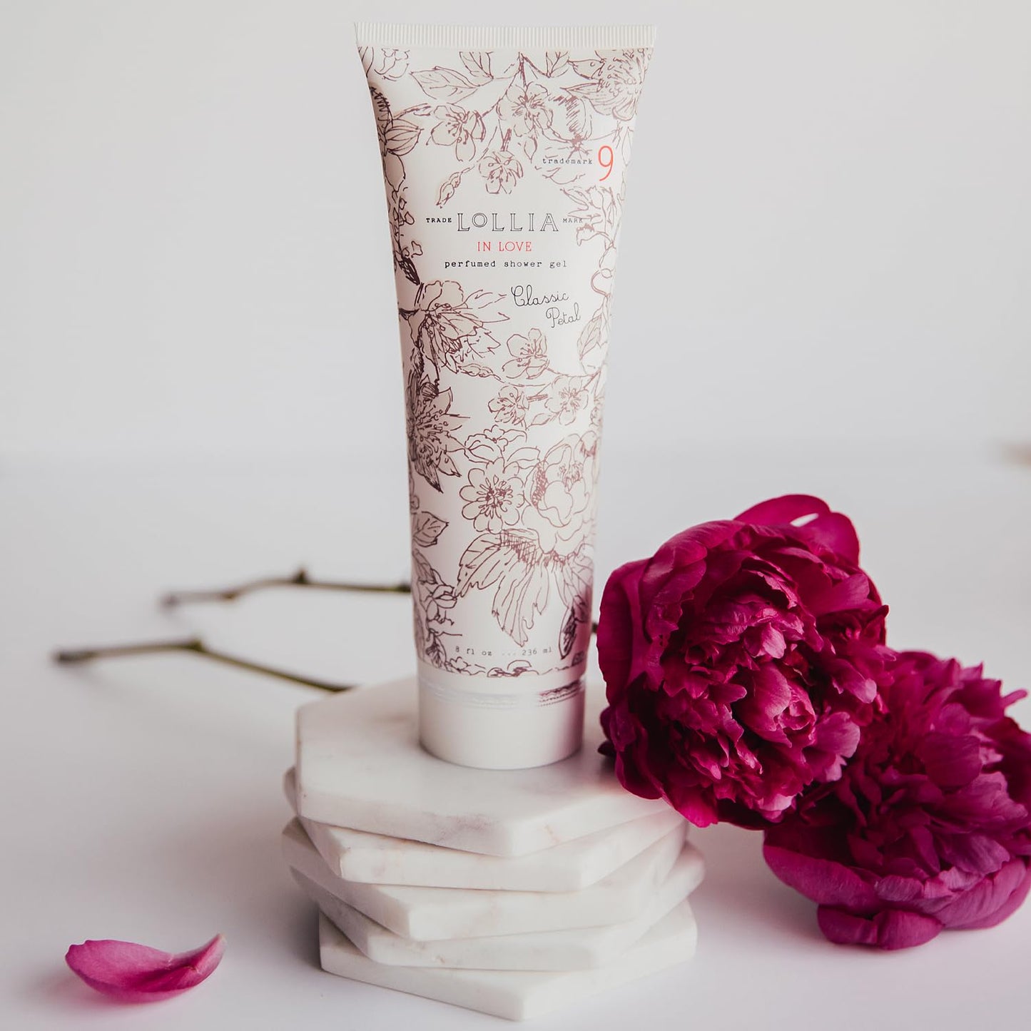 LOLLIA In Love Shower Gel, 8 fl oz, Classic Petals, Apple Blossom, Jasmine, & Living Rose, Luxury Shea Moisture Hydrating Women's Body Wash, Delicate & Relaxing Scented Bath Soap for Self Care