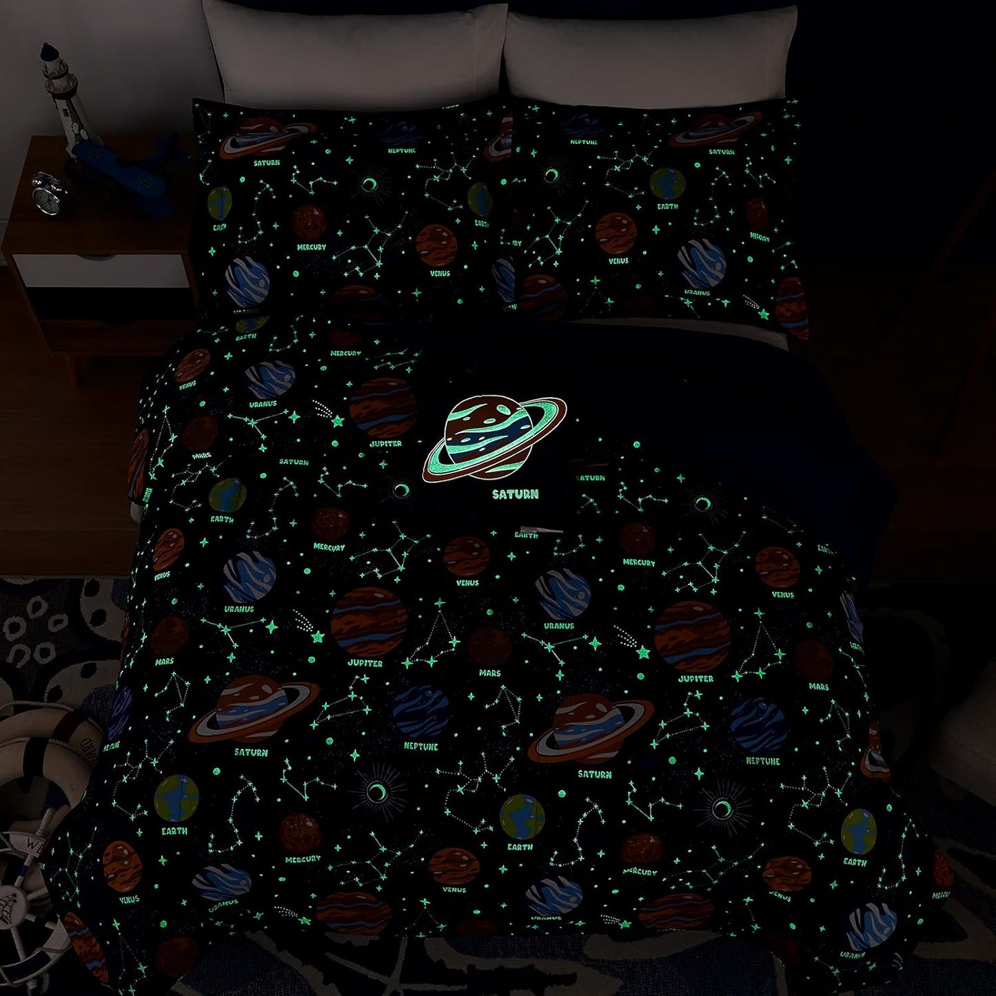 Full Size Comforter Set for Boys-4 Pieces Space Glow in The Dark Full Bedding Sets for Kids, 1 Comforter, 2 Shams and 1 Decor Pillow