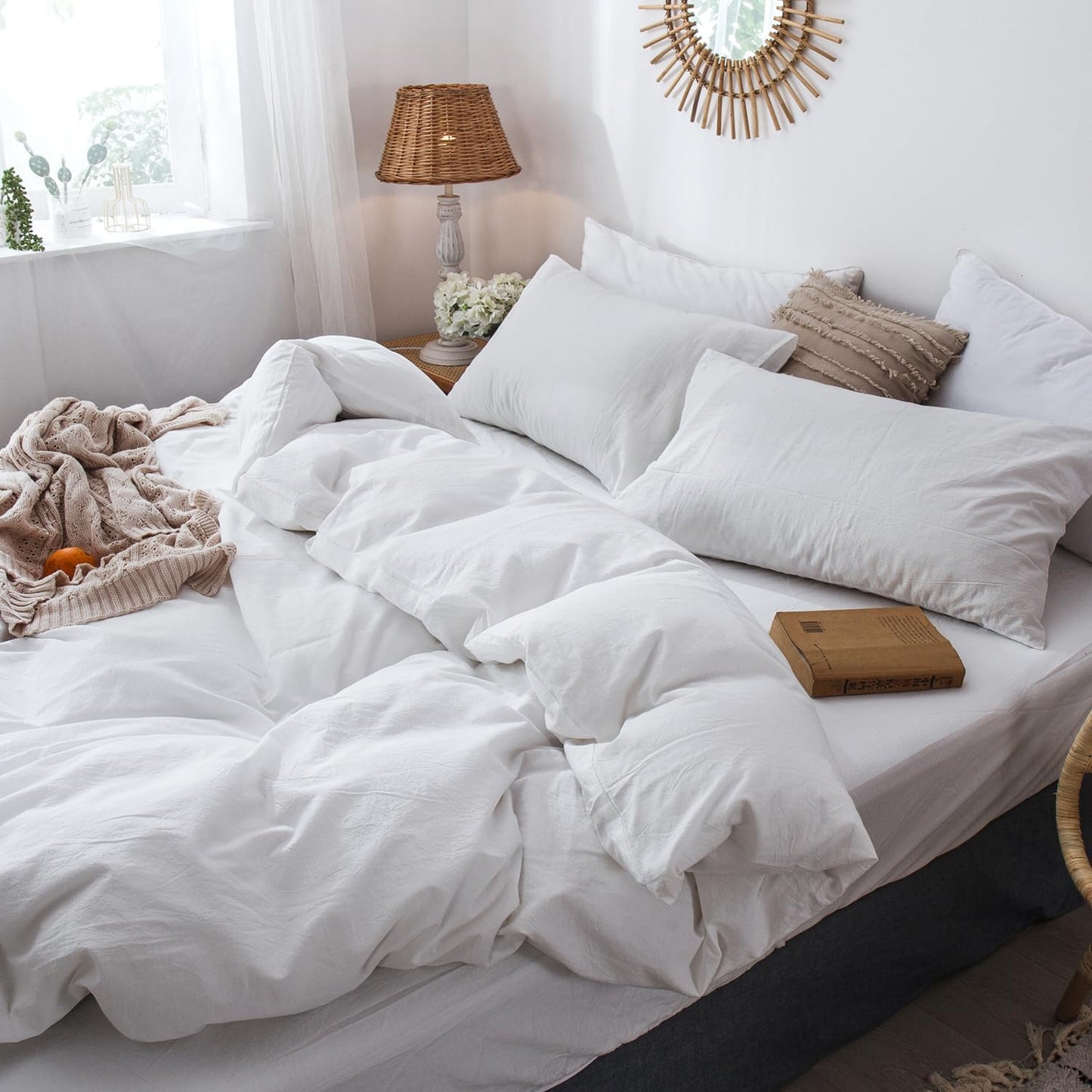 MooMee Bedding Duvet Cover Set 100% Washed Cotton Linen Like Textured Breathable Durable Soft Comfy (Solid Off White, Queen 90"x90")
