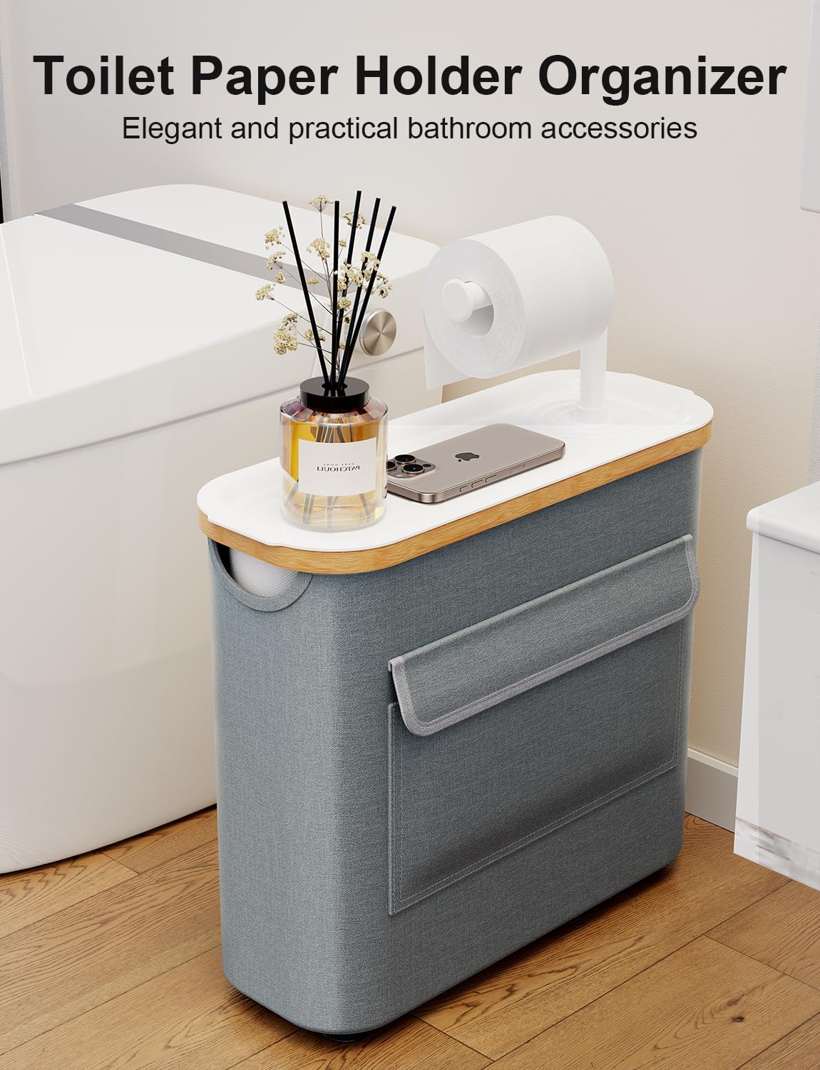 Toilet Paper Storage Basket Holder Holds 9-12 +1 Rolls Elegant Multi-Functional Bathroom Toilet Paper Holder Stand Storage Organizer Waterproof with Tray Hold Phone Wet Wipes Gray