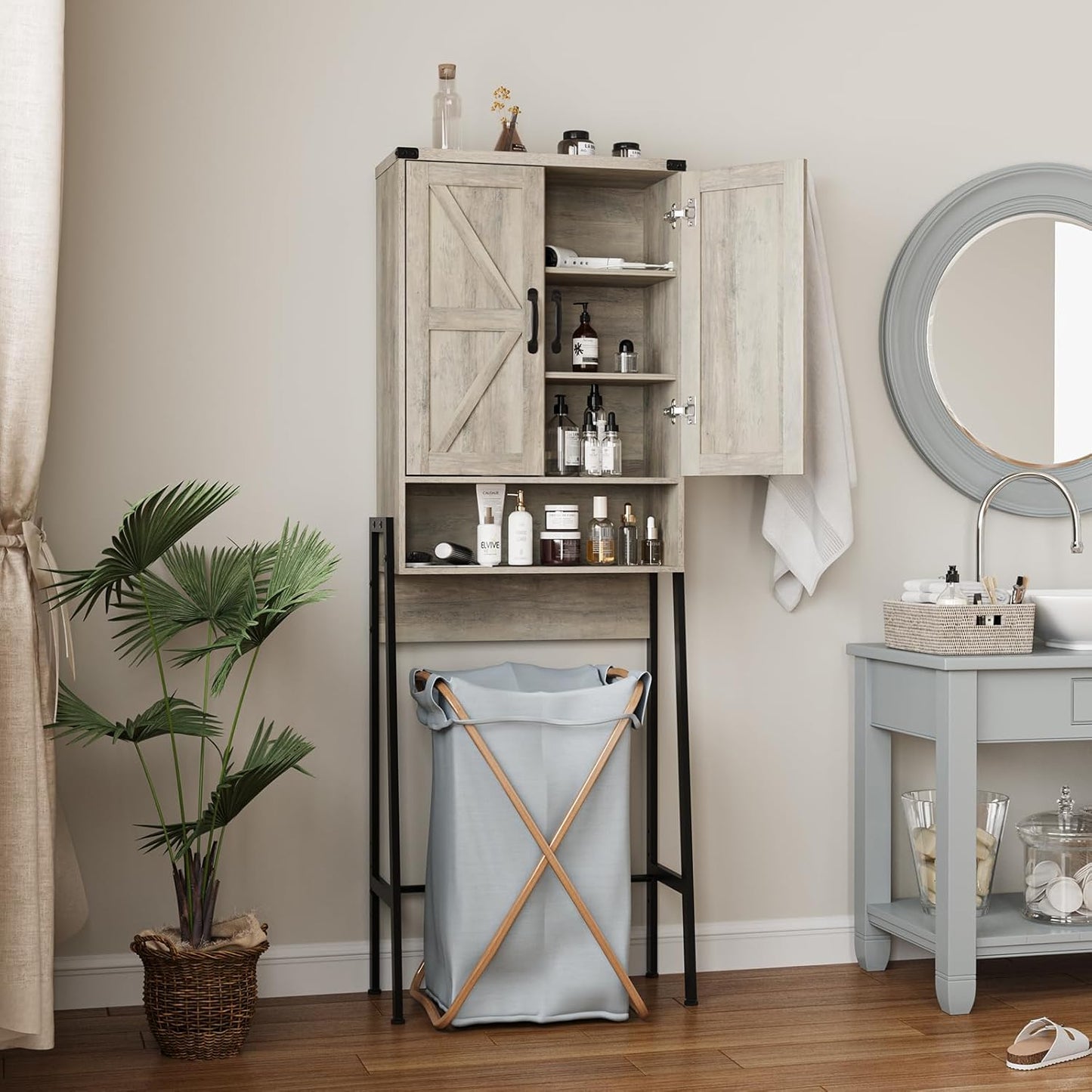 Over The Toilet Storage Cabinet with 2-Door Design Bathroom Organizers and Storage with Anti-Tip Device Over Toilet Organizer with Shelves for Bathroom,Restroom,Laundry Grey