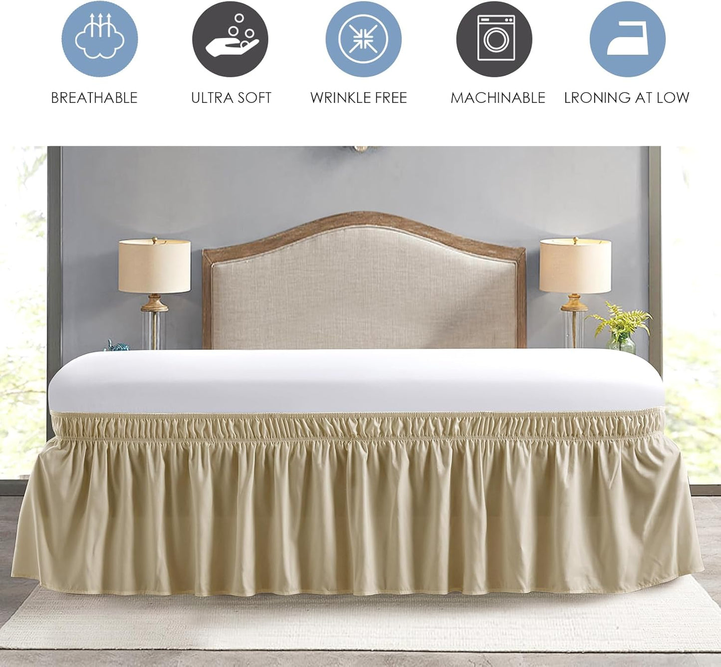 FreshCulture Twin Bed Skirt, Elastic Wrap Around Bed Skirt Twin Bed, Easy Fit with 15-Inch Tailored Drop, Hotel Quality Bed Skirts for Adjustable Bed (Beige)