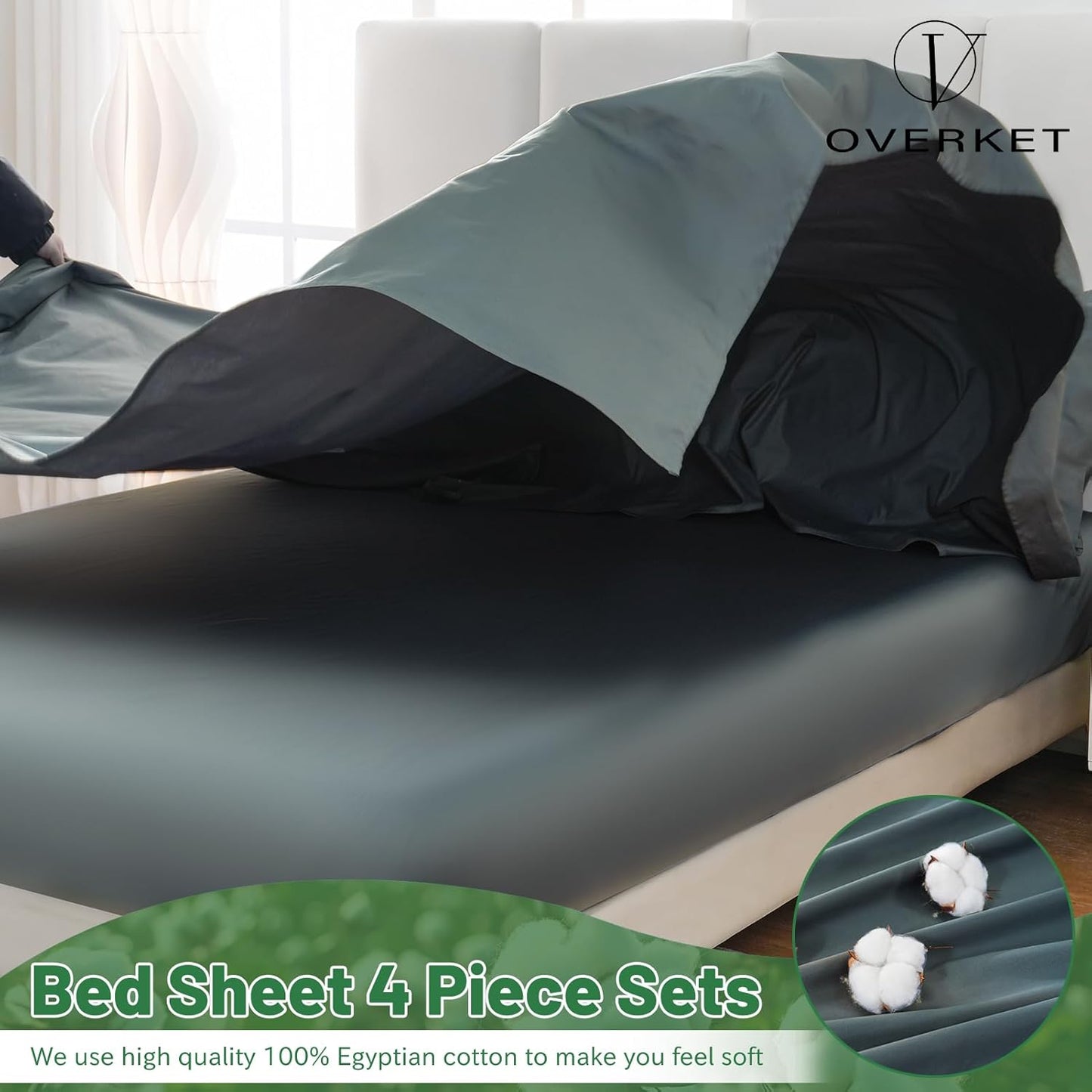 100% Egyptian Cotton Sheets King Size 1000 Thread Count Sateen Weave Soft Breathable 16-Inch Deep Pocket 4PCS（King,Lake Blue）