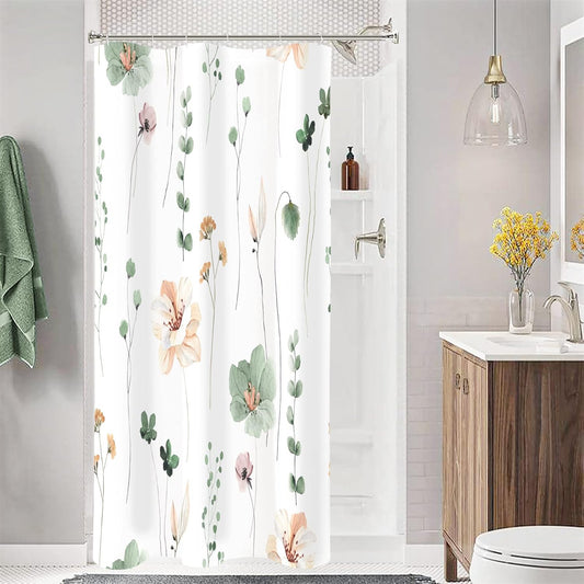 Gibelle Small Stall Shower Curtain 36 x 72, Narrow Half Watercolor Floral Fabric Shower Curtain, Sage Green Beige Flower Decorative Bathroom Shower Curtain Set with Hooks