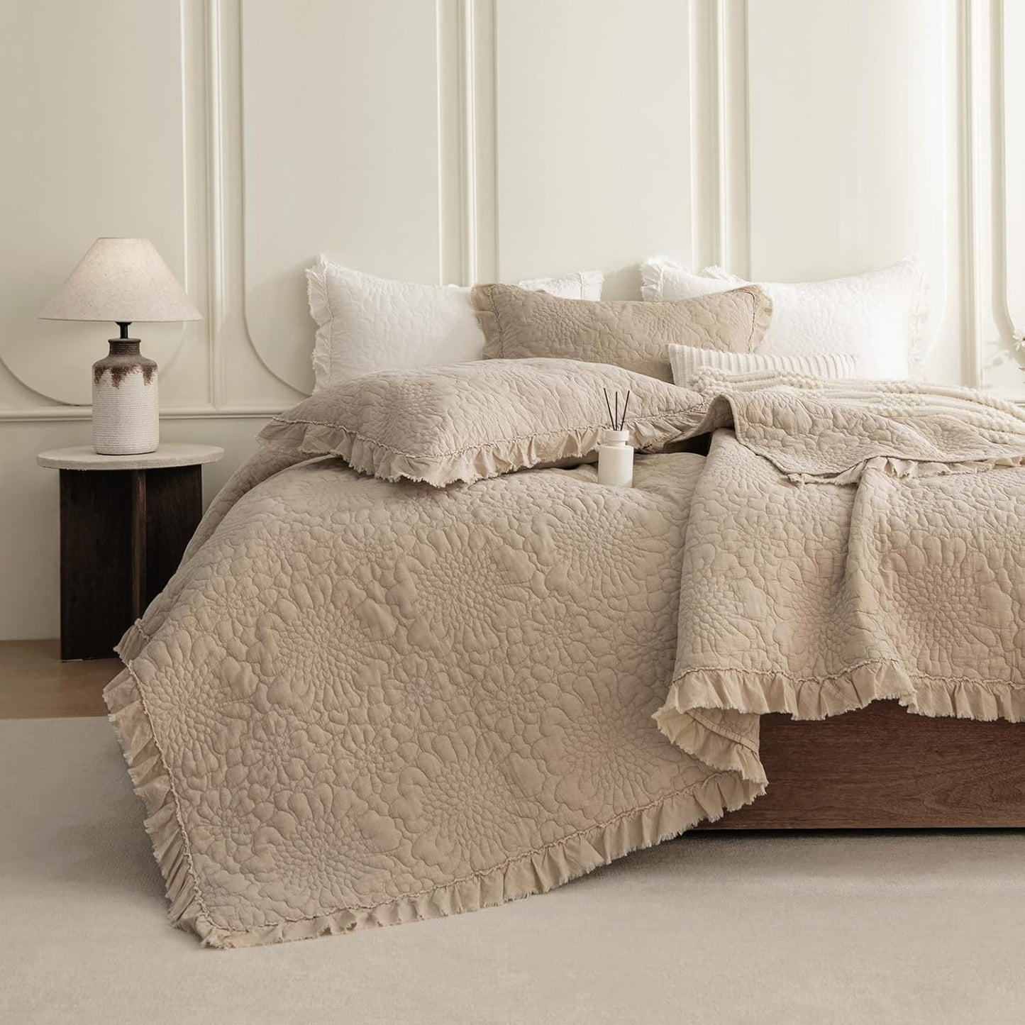 QSH 3PCs Stonewashed Cotton Quilt King (110"x98"), Dark Wheat Ruffled Quilt King Size Bedding Set,Ultra Lightweight Soft Crinkled Bedspread Coverlet King Shabby Farmhouse Chic Bedding for All Seasons