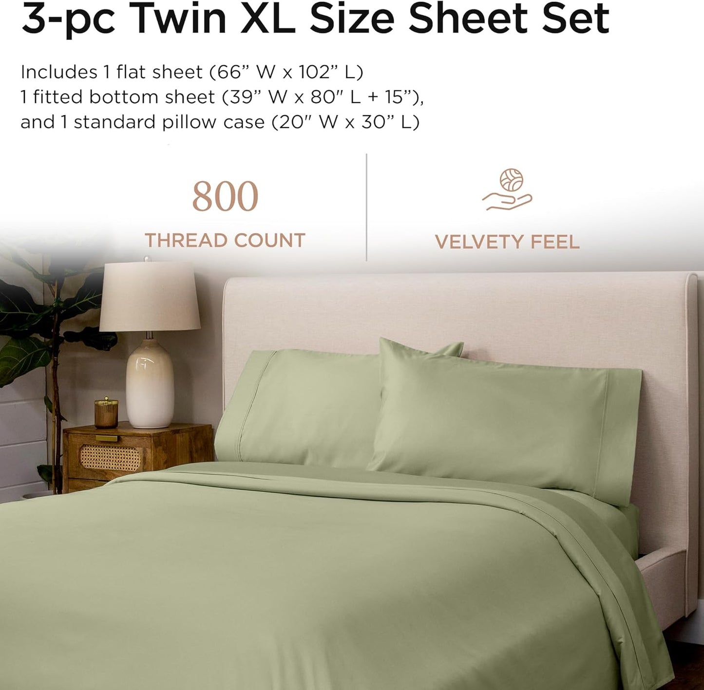 Threadmill 800 Thread Count 100% Cotton Sheets - Luxury Sateen Weave Sage Green Twin XL Bed-Sheets, Better Than Egyptian Cotton,3 Pc Solid Bedding Set, Fits 15" Deep Pocket