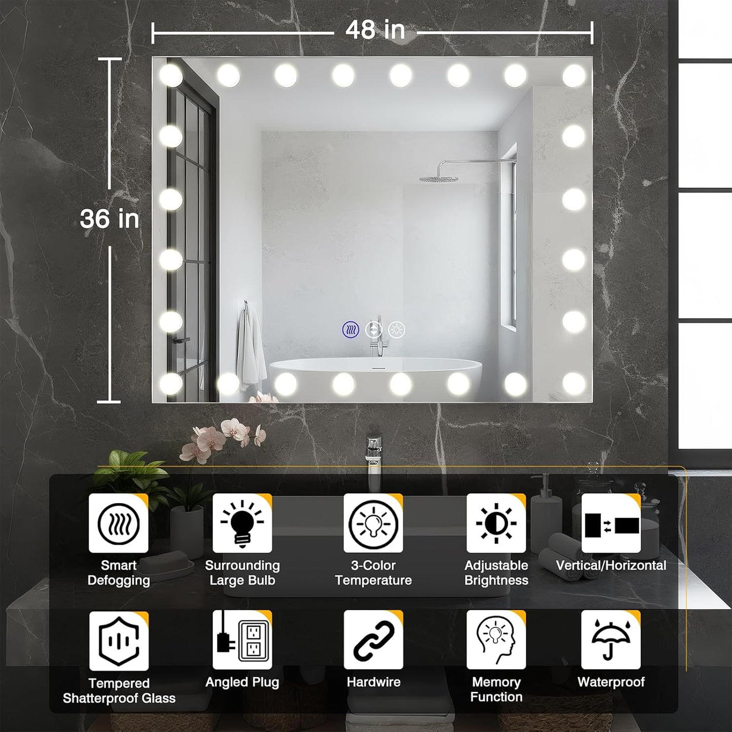 48x36 Hollywood Lighted Mirrors for Bathroom Wall, Smart Mirror for Bathroom with Dimmable LED Bulbs, 3 Color Temperatures, No Fog Mirror, Tempered Glass, Memory, Horizontal/Vertical
