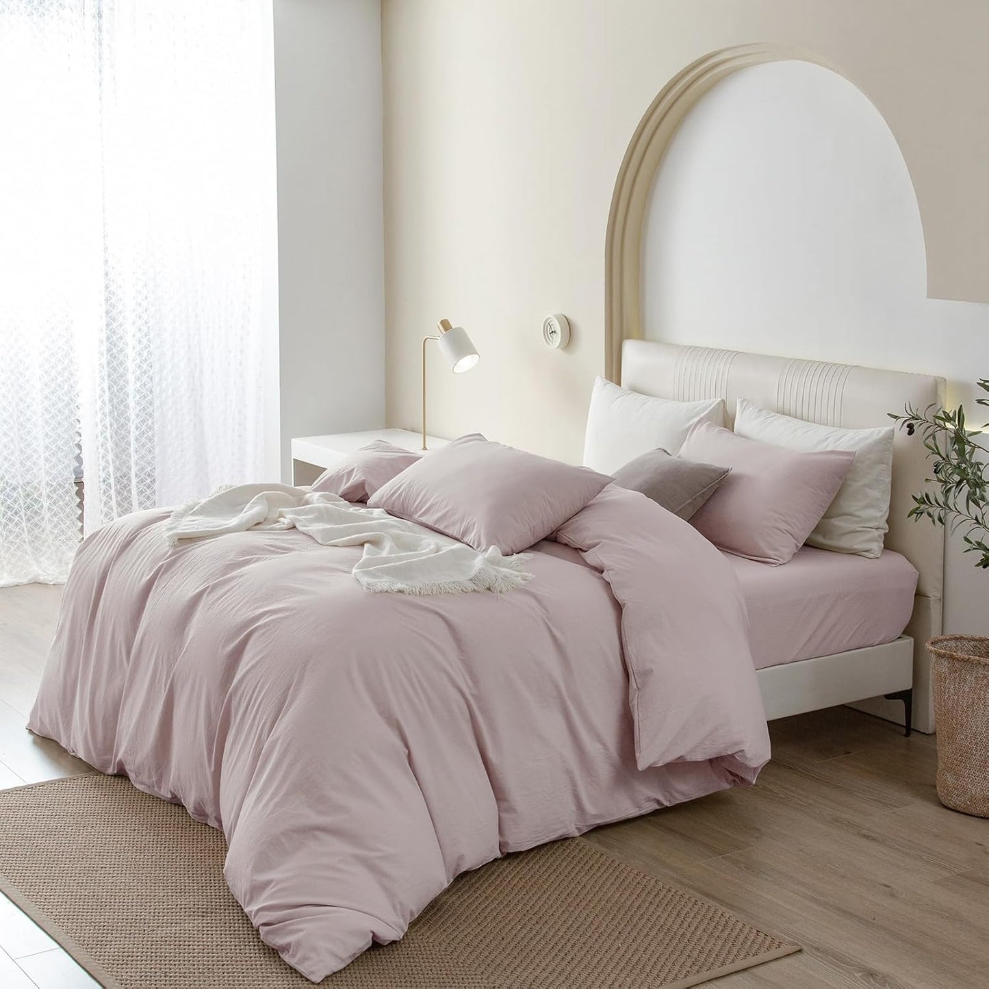 JIYUAN 100% Washed Cotton Duvet Cover Set 3 PCS Oversized King Plus, 1 Duvet Cover 128"x120"(Comforter Not Included) and 2 Pillowcases,Linen Like Comfy and Breathable,Heathered Greyish Pink