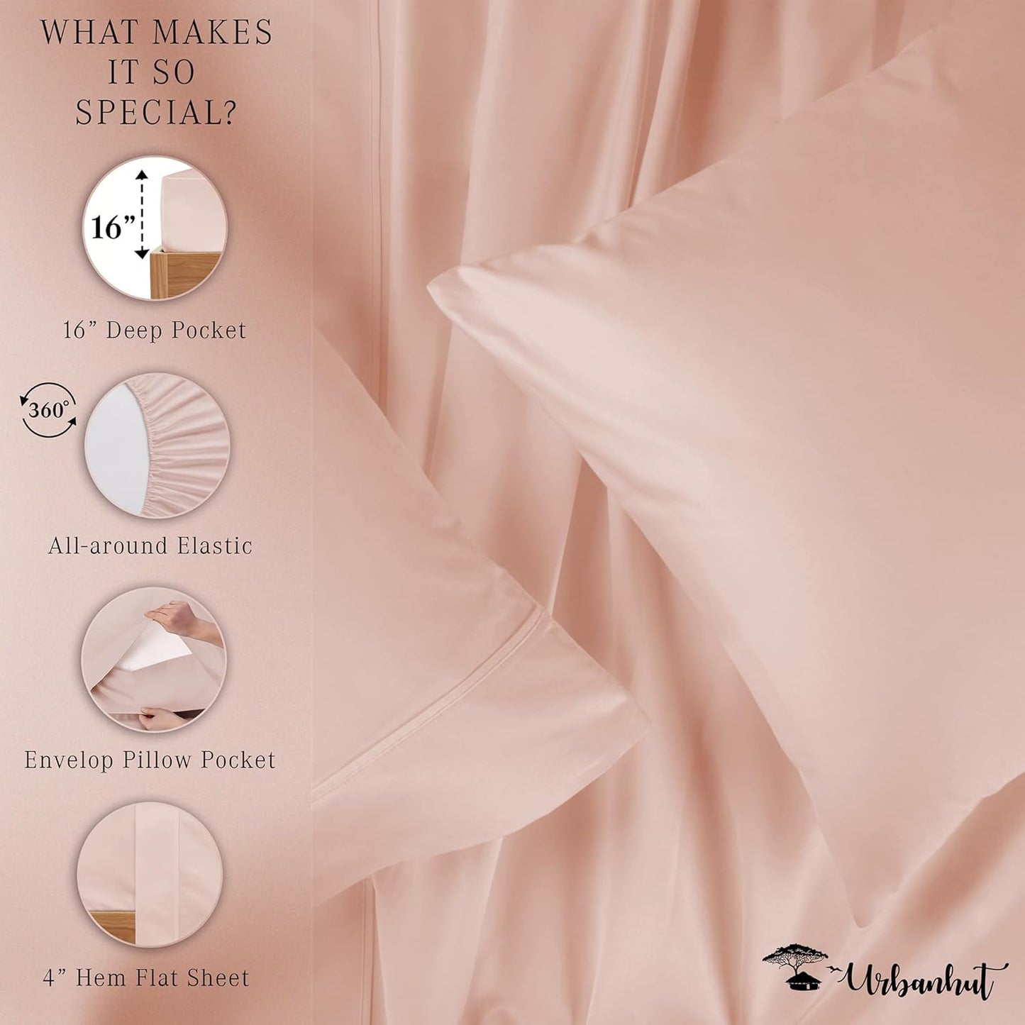 URBANHUT Queen Size Sheets 100% Pure Cotton, 1000 Thread Count 4 Pc Bed Sheet Sets, Soft & Breathable, Luxury Hotel Sheets Fits 16" Elasticized Deep Pocket, Sateen Weave, Solid - Blush Pink