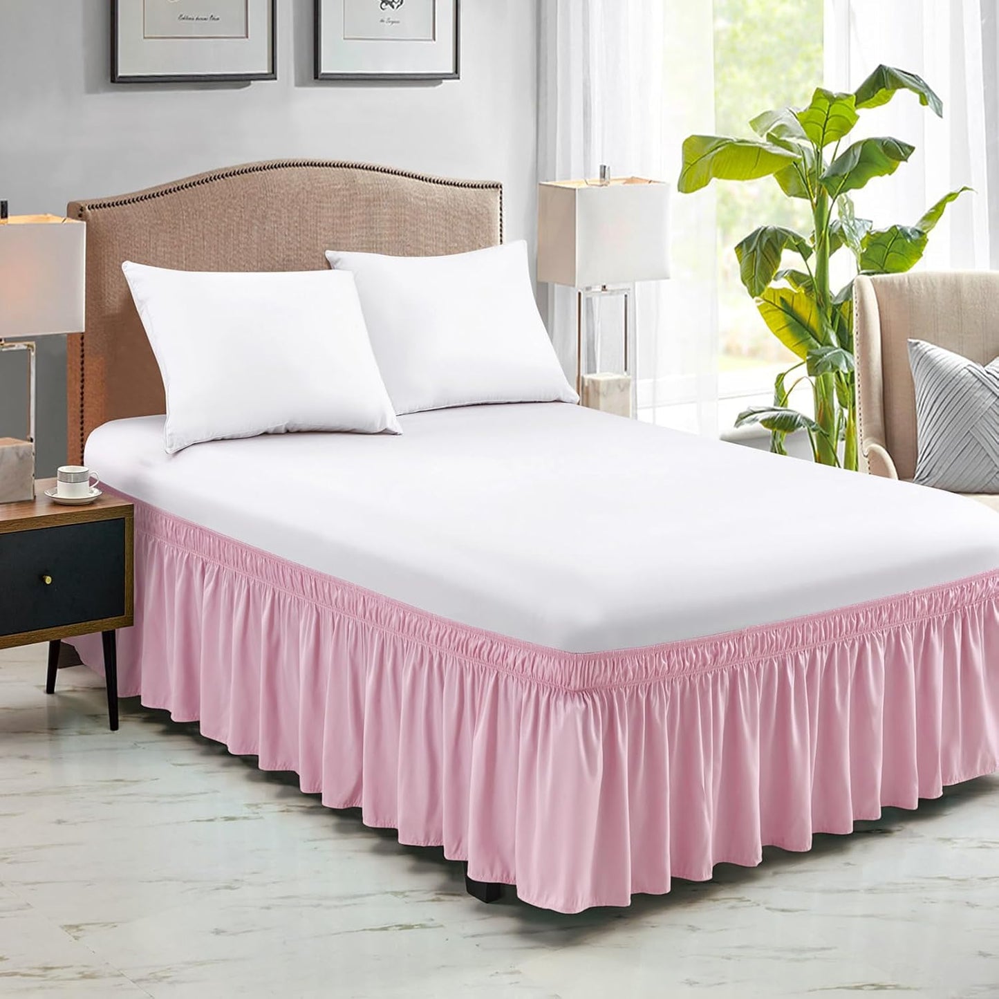 FreshCulture King Bed Skirt, Dust Ruffle for King Size Bed, Easy Fit with 15-Inch Tailored Drop, Elastic Wrap Around Bed Skirt King Size, Hotel Quality Bed Skirts for Adjustable Bed (Dusty Pink)