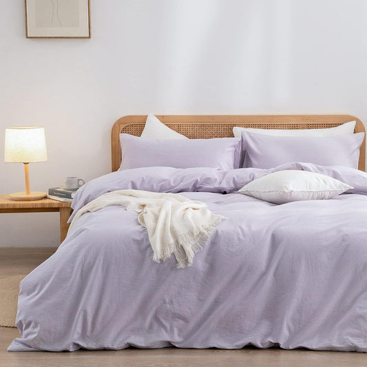 BESTOUCH Duvet Cover Set 100% Washed Cotton Linen Feel Super Soft Comfortable Chic Lightweight 3 PCs Home Bedding Set Solid Taro Purple King