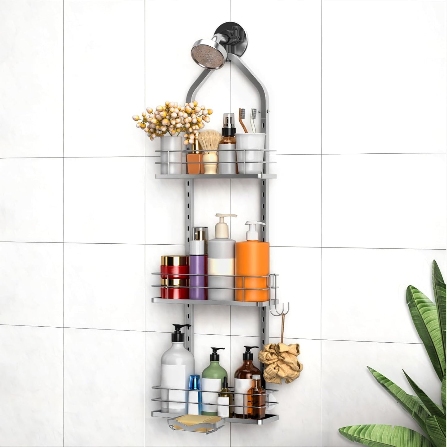 Shower Caddy Hanging (Silver), Adjustable Anti-Swing-Over The Shower Head Caddy, 3 Tier Height Bathroom Storage Organizer, Bathroom Shelves Basket Rack, Shower Caddies Rack with Adjustable Soap Basket