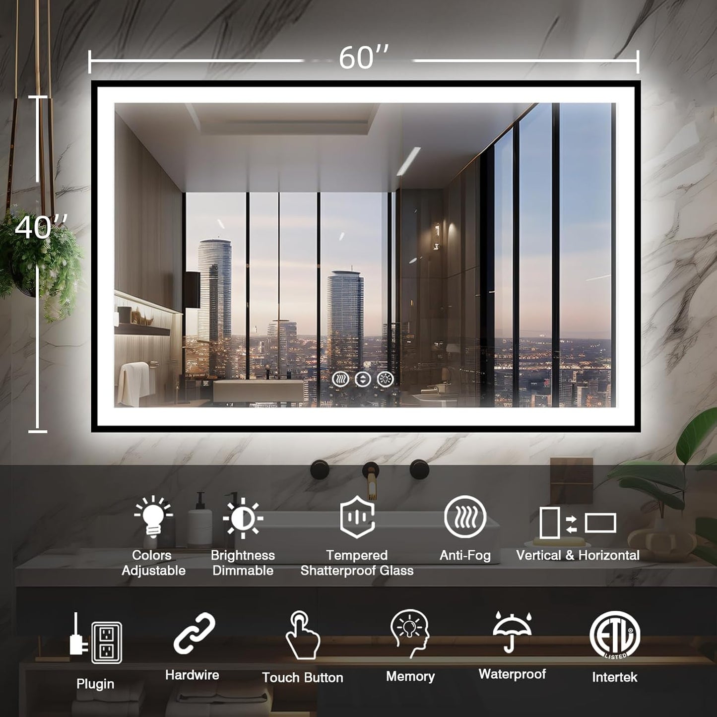 60x40 LED Mirror for Bathroom, Black Metal Framed, Vanity Mirror with Lights, 3 Color Modes, Dimmable CRI90+, Double Lights, Anti-Fog, Shatter-Proof, Waterproof, Memory (Horizontal/Vertical)