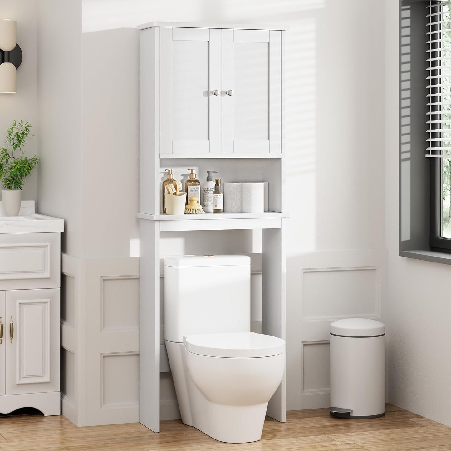 Meilocar Over The Toilet Storage Cabinet, Bathroom Storage Cabinet Over Toilet, Space Saver W/Adjustable Shelf & Open Shelf, White